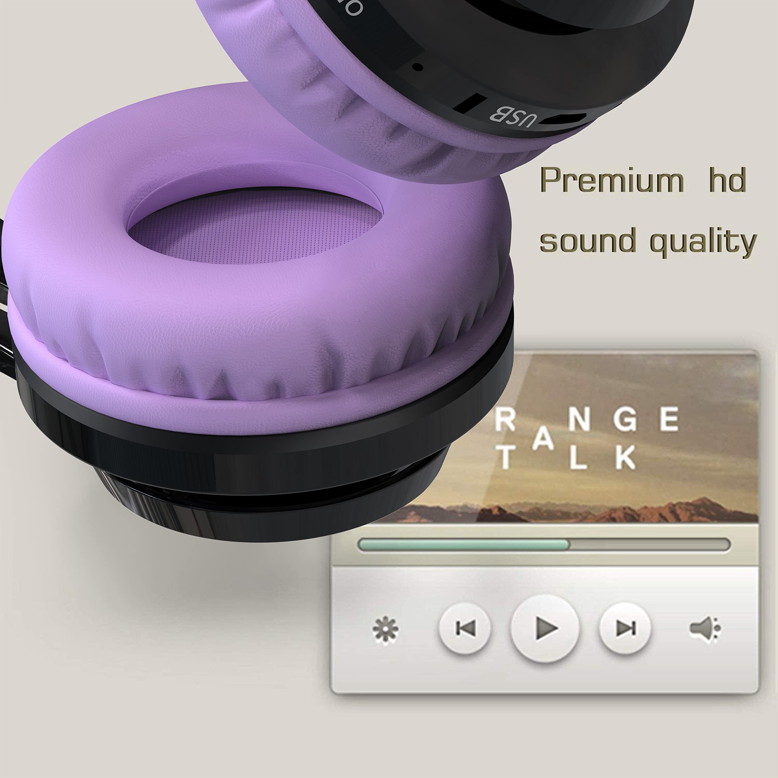 Riwbox AB005 Wireless Bluetooth Headphones for Kids with Microphone, LED Lights & FM Radio - Foldable Design, TF Card Slot - Compatible with Tablets, PC, TV (Black & Purple) - Perfect for School, Travel & Home Entertainment