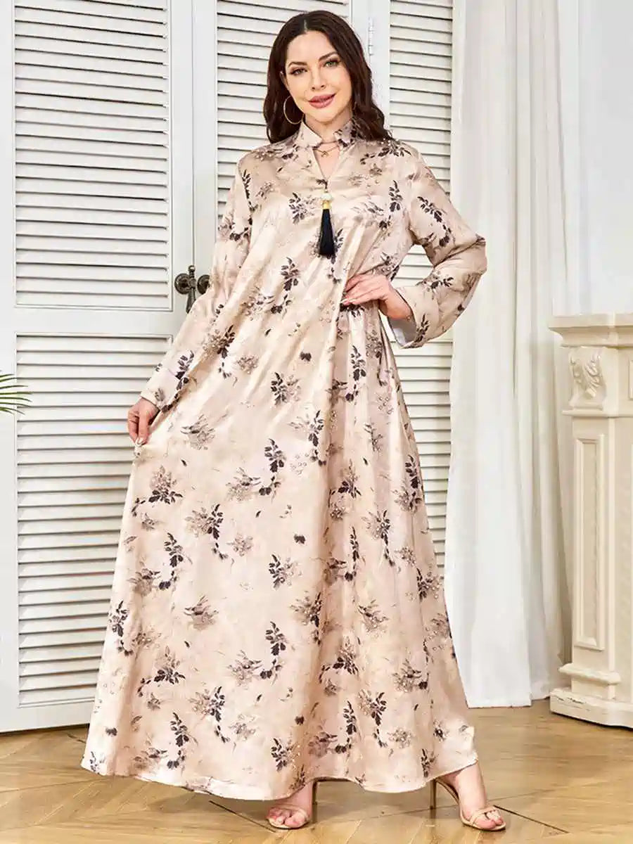 Elegant Hotfix Rhinestone Embroidery Tassel Kaftan Dress for Women - Perfect for Eid, Weddings & Special Occasions | Style #25375