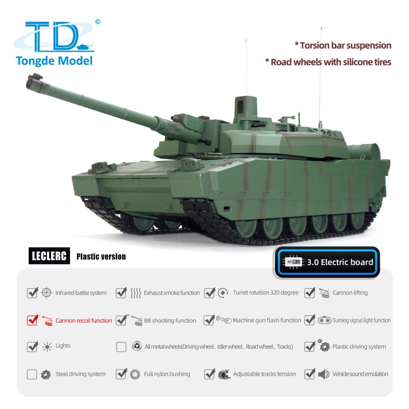 1/16 Tongde RC Tank H2408 Leclerc Battle Tank - Ready-to-Run Infrared BB Shooting with Barrel Recoil & 320° Rotation - Electric Toy Model with Battery - Perfect for Military Enthusiasts & Battle Simulation Games