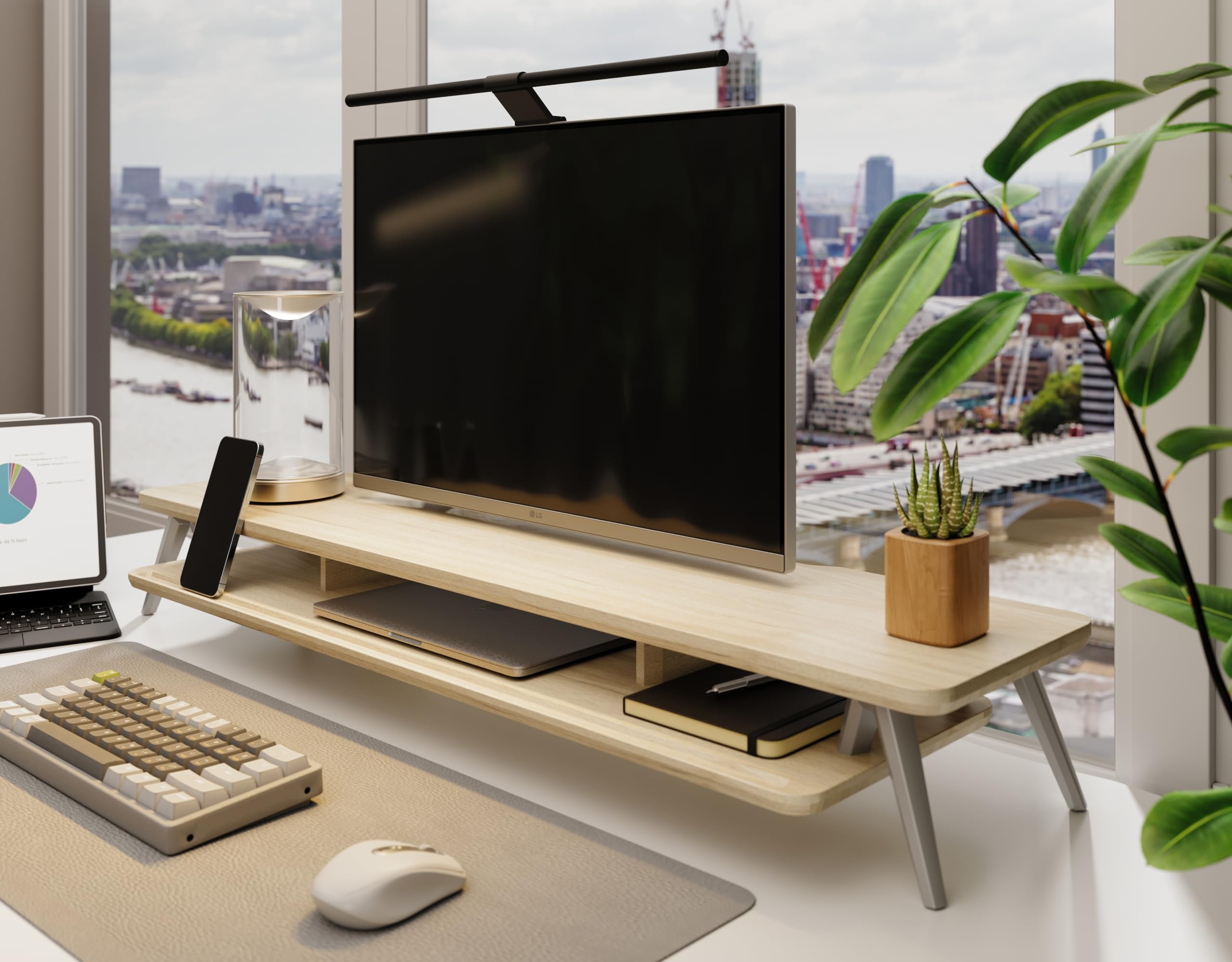 Dual Monitor Stand for 2 Screens - 42.5 Inch Wooden Desk Shelf with Storage Organizer & Cable Management | Office Desk Accessories for Home & Workspace Organization