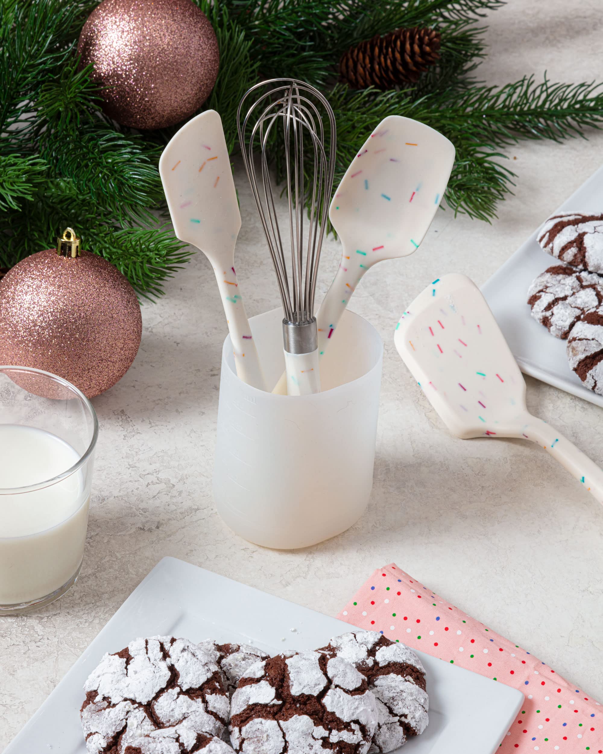 Premium Silicone Kitchen Utensil Set - Non-Stick Heat Resistant Cooking Tools (Spatula, Turner, Spoonula, Whisk) with Storage Container - Perfect for Baking, Frying & Serving - Sprinkle Design