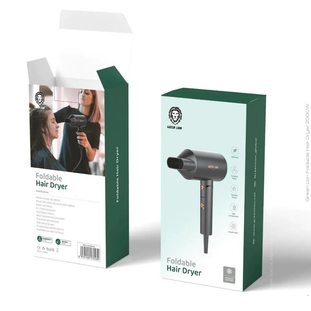 Green Lion Foldable Hair Dryer - Compact Travel Hair Dryer for Salon-Quality Styling at Home & On the Go - Perfect for Travel, Gym, Dorm & Vacation Use