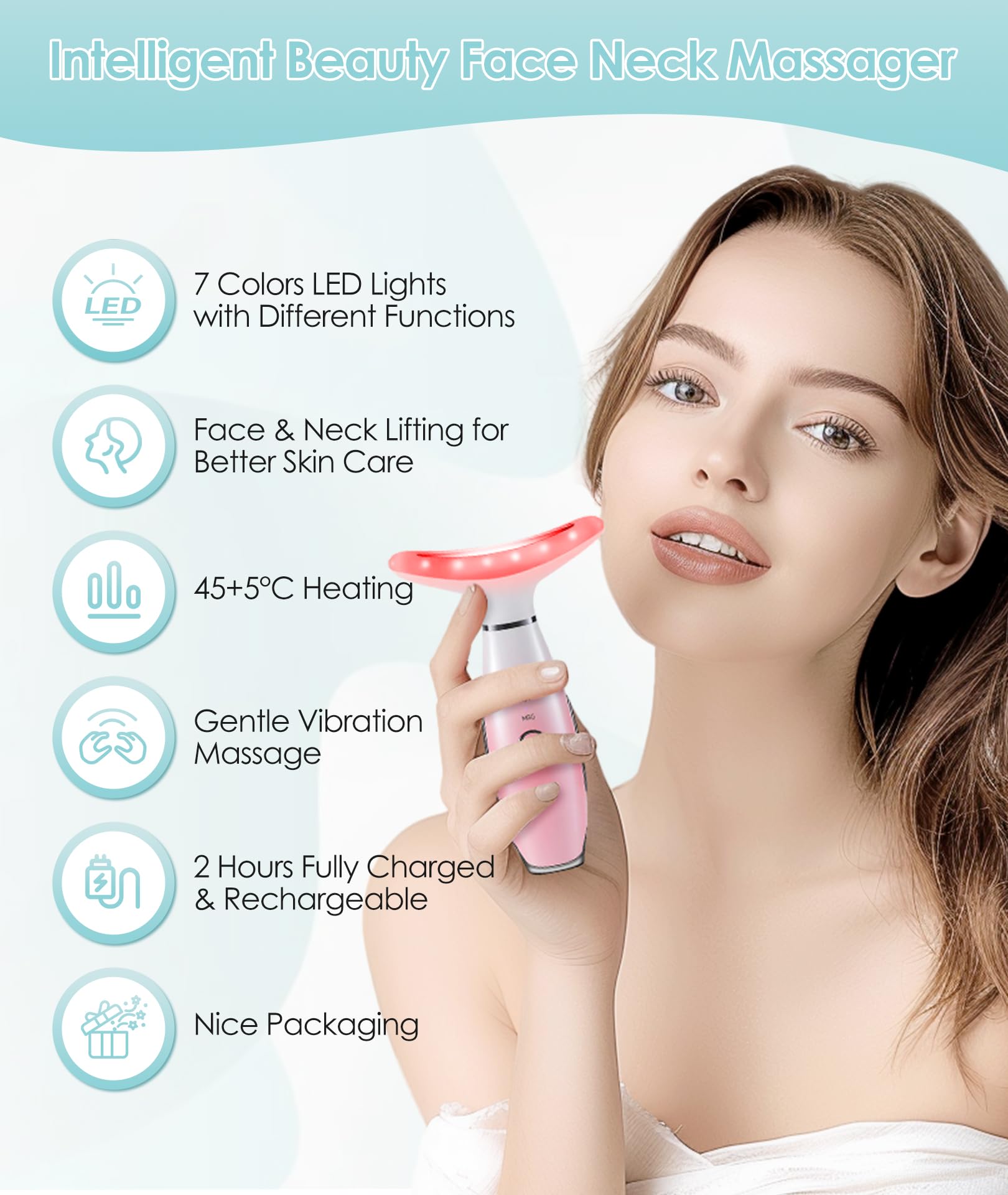 7-Color Vibrating Neck & Face Massager with Heat - Home Skin Care Tool for Relaxation & Anti-Aging | Perfect for Spa Days, Post-Workout Recovery & Stress Relief