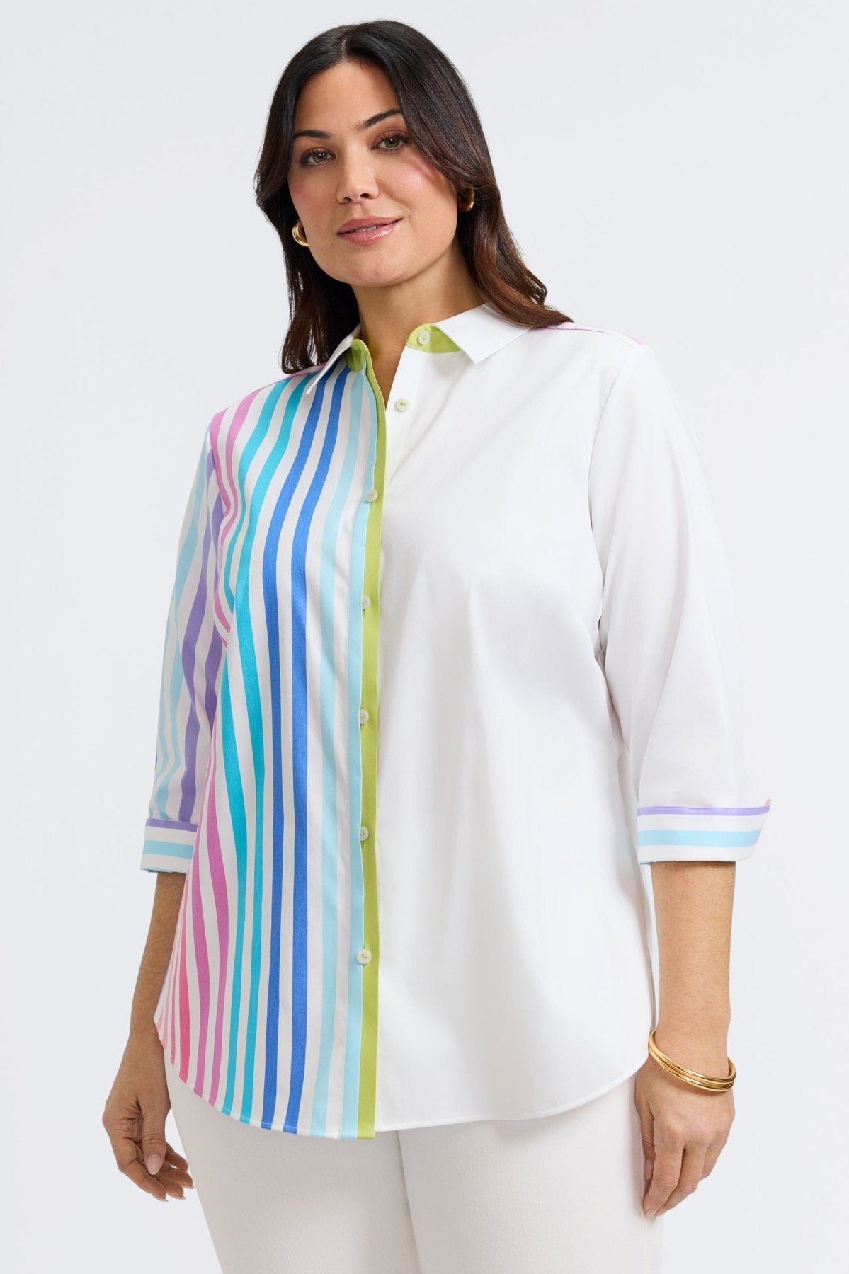 Charlie Plus No Iron Stretch Ombré Stripe 3/4 Sleeve Shirt - Wrinkle-Free Comfort for Work & Casual Wear