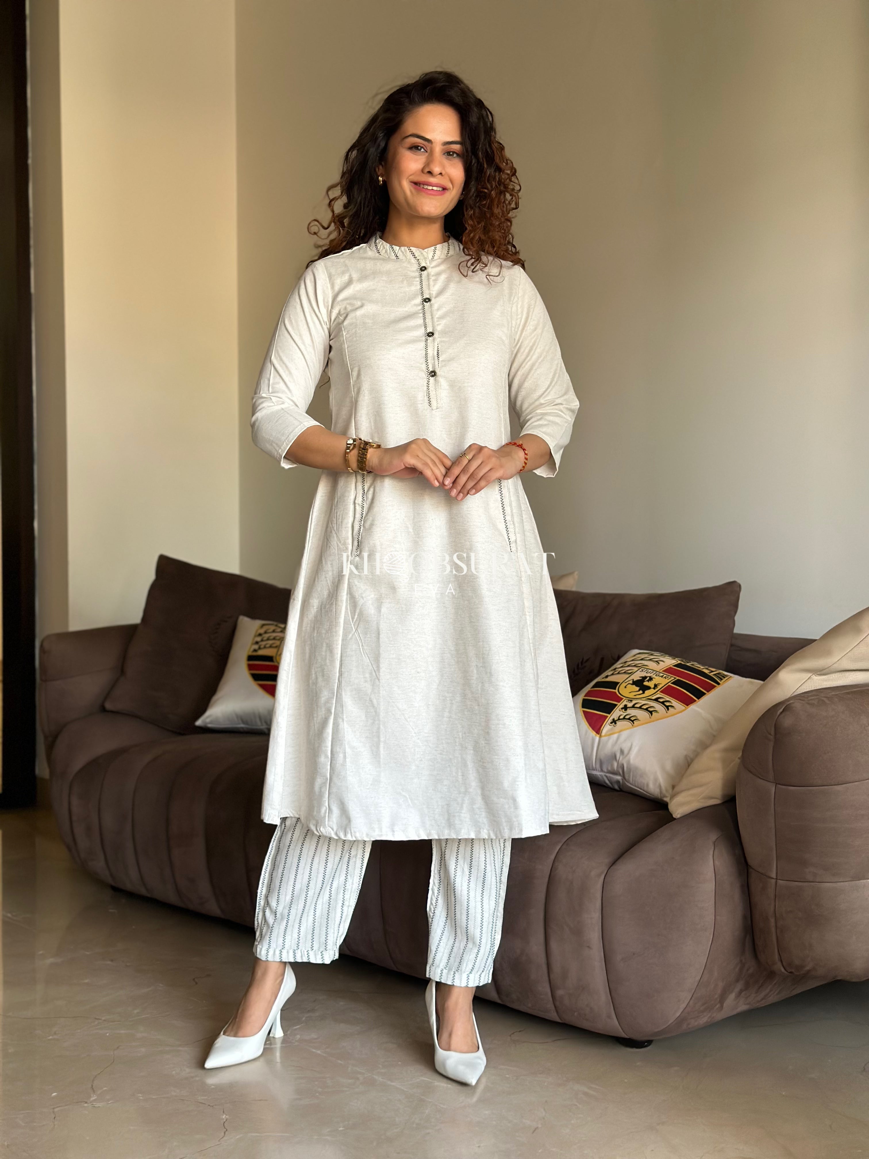 Fresh White Linen Duo Kurta Set for Women - Comfortable Cotton Ethnic Wear for Casual Outings & Festive Occasions