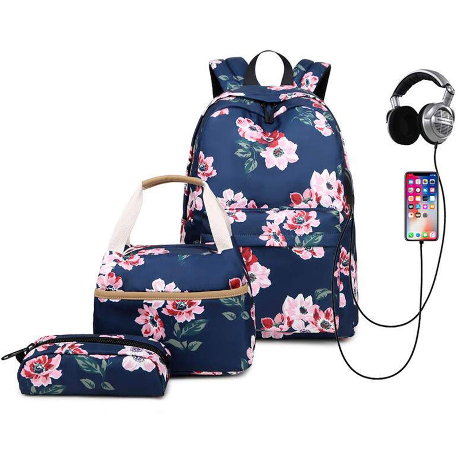 Teeya Stylish School Backpack Set for Women & Girls - Waterproof Laptop Backpack, Lunch Tote Bag & Clutch Purse - Perfect for School, Work, Travel & Daily Use