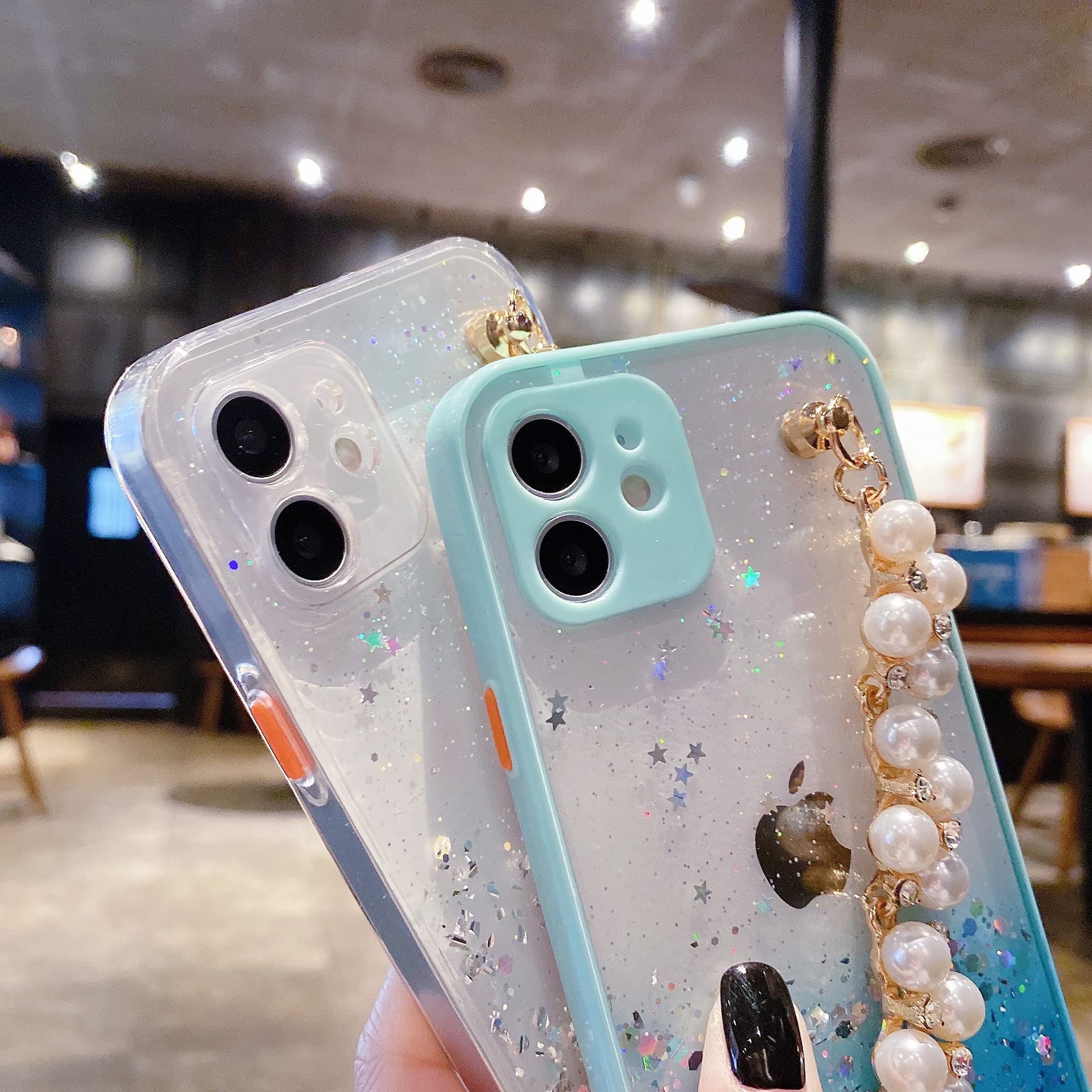 Sparkly Glitter iPhone 13 Pro Max Case with Pearls & Chain Strap - Clear Bling TPU Shockproof Phone Cover for Women & Girls | Perfect for Parties, Daily Use & Fashion Accessories