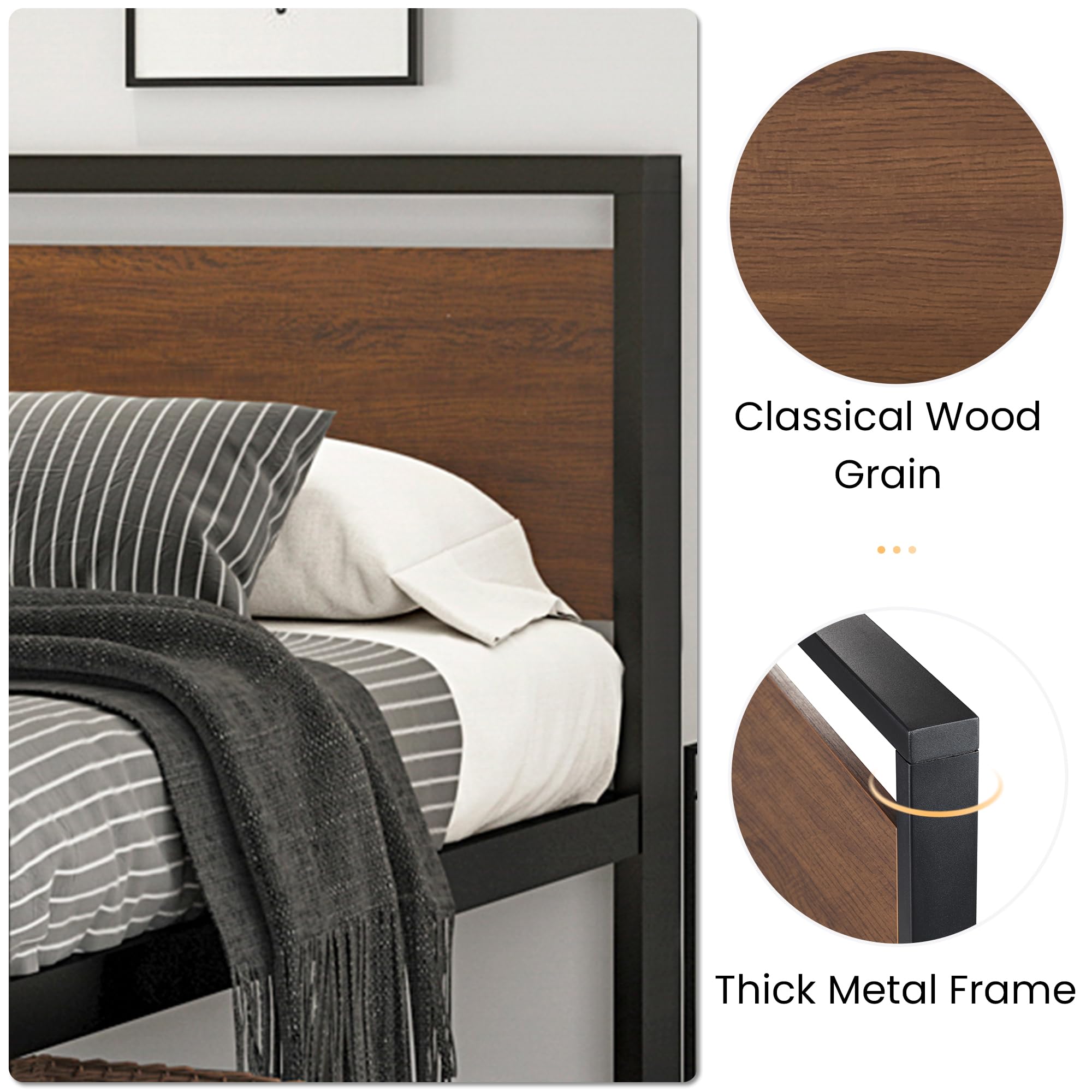 SHA CERLIN 14 Inch Full Size Metal Platform Bed Frame with Wooden Headboard & Footboard - No Box Spring Needed, Sturdy Mattress Foundation with Large Under Bed Storage - Non-Slip Quiet Design in Walnut Finish - Perfect for Modern Bedrooms, Guest Rooms & Small Spaces