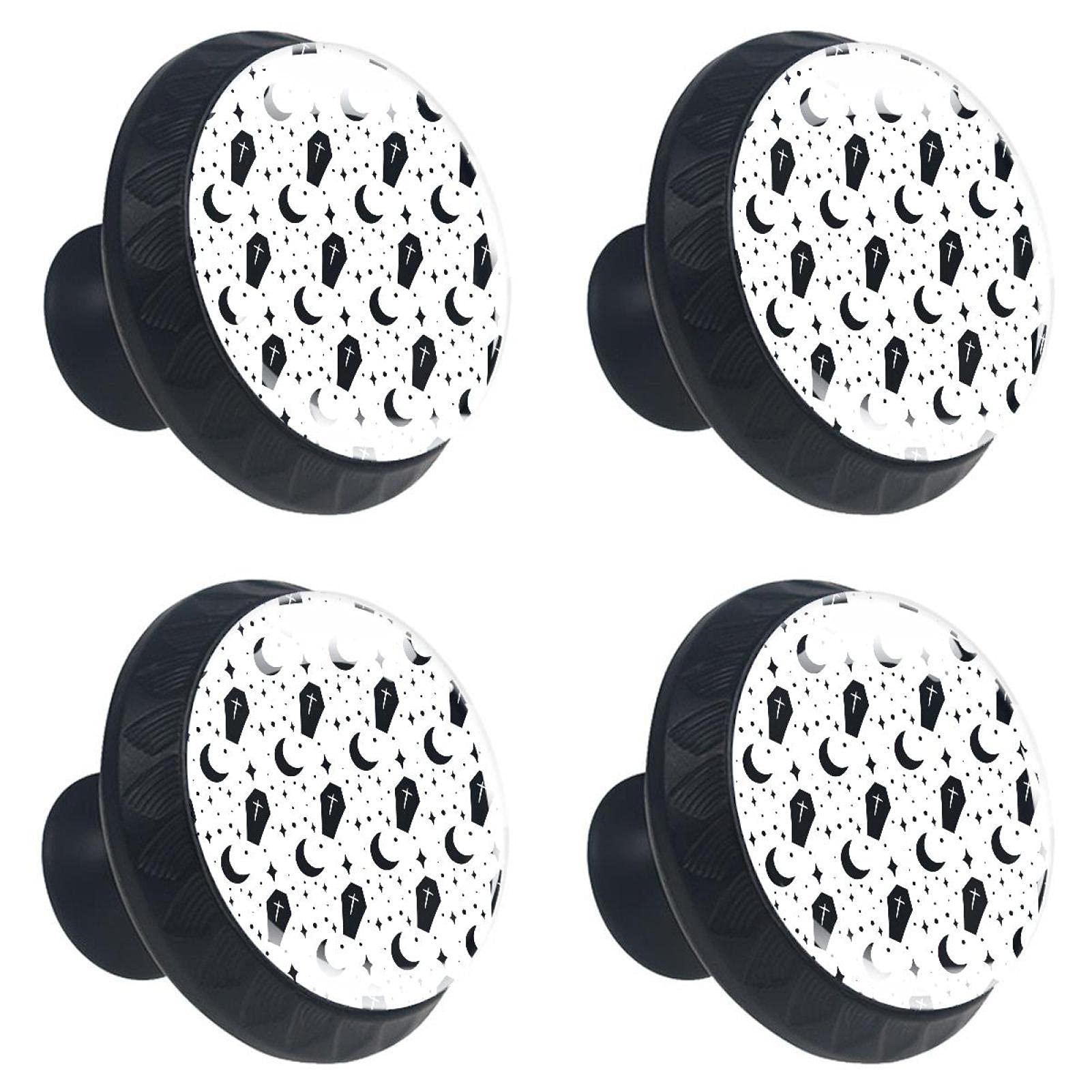 Vintage Coffin & Moon Pattern Glass Drawer Knobs - 30MM Cabinet Pull Handles (Set of 4) - Gothic Home Decor for Kitchen, Cupboard & Furniture - Perfect for Halloween, Gothic & Dark Theme Interior Design
