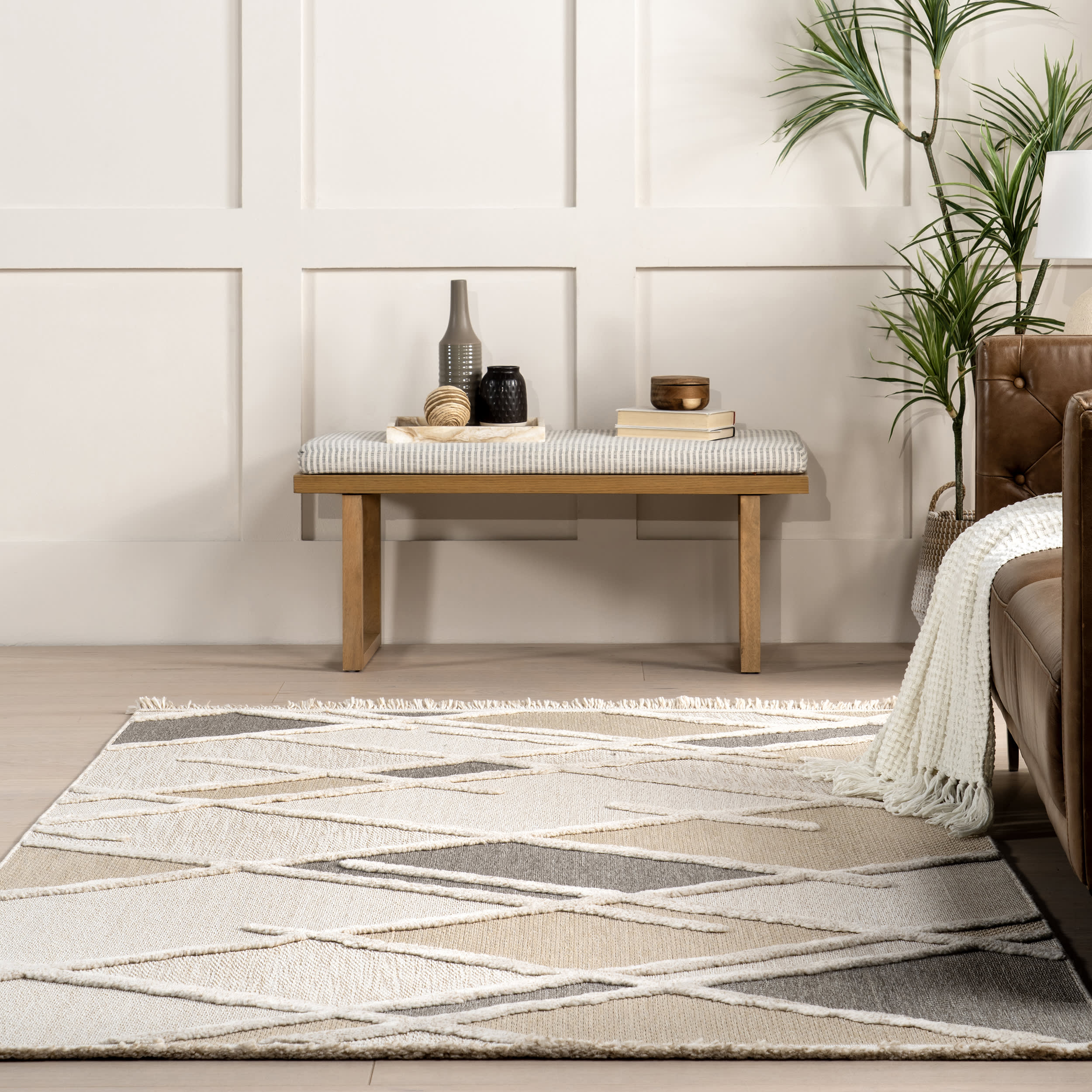 Chantal Trellis Rug Ivory - Soft Bohemian Area Rug for Living Room, Bedroom, Nursery | Non-Slip & Machine Washable
