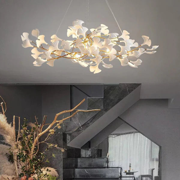 Modern Linear Branch Chandelier with Ceramic Petals - Elegant Lighting Fixture for Dining Room, Living Room, Bedroom Decor