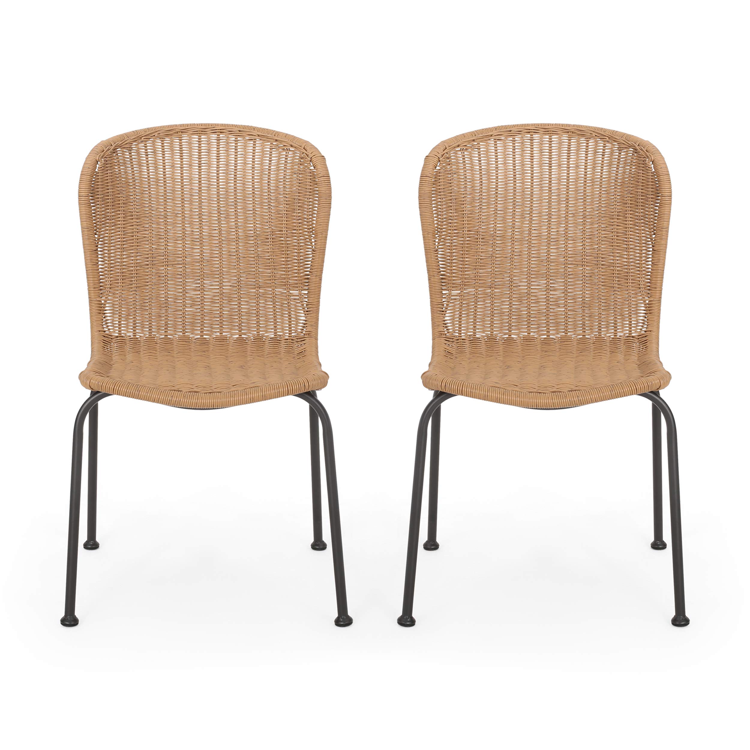 Christopher Knight Home Dinah Outdoor Wicker Dining Chairs (Set of 2) - Light Brown & Black - Weather-Resistant Patio Furniture for Garden, Poolside, and Backyard Dining