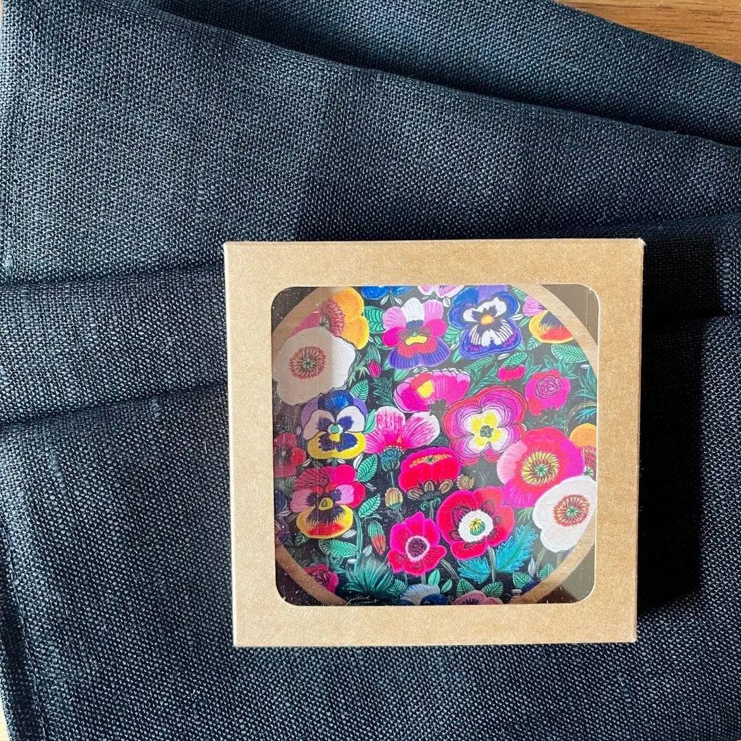 Pansies & Poppies Wooden Coasters Set with Napkins - 4-Piece Floral Coaster and Napkin Holder Set for Dining Table, Kitchen, Party Decor - Perfect for Home, Office, and Gift Giving