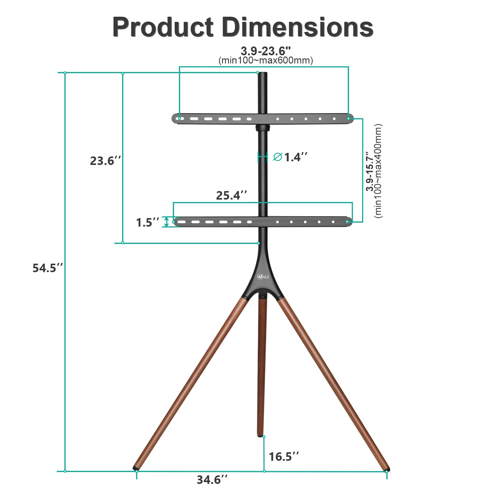 WALI Tripod TV Stand for 45-65 Inch TVs - Adjustable Height Modern Easel Floor Stand with Beech Wood Legs - Portable Corner TV Mount for Living Room, Bedroom, Office & Studio (Black, TFS001XL) - Perfect for Home Entertainment & Professional Spaces