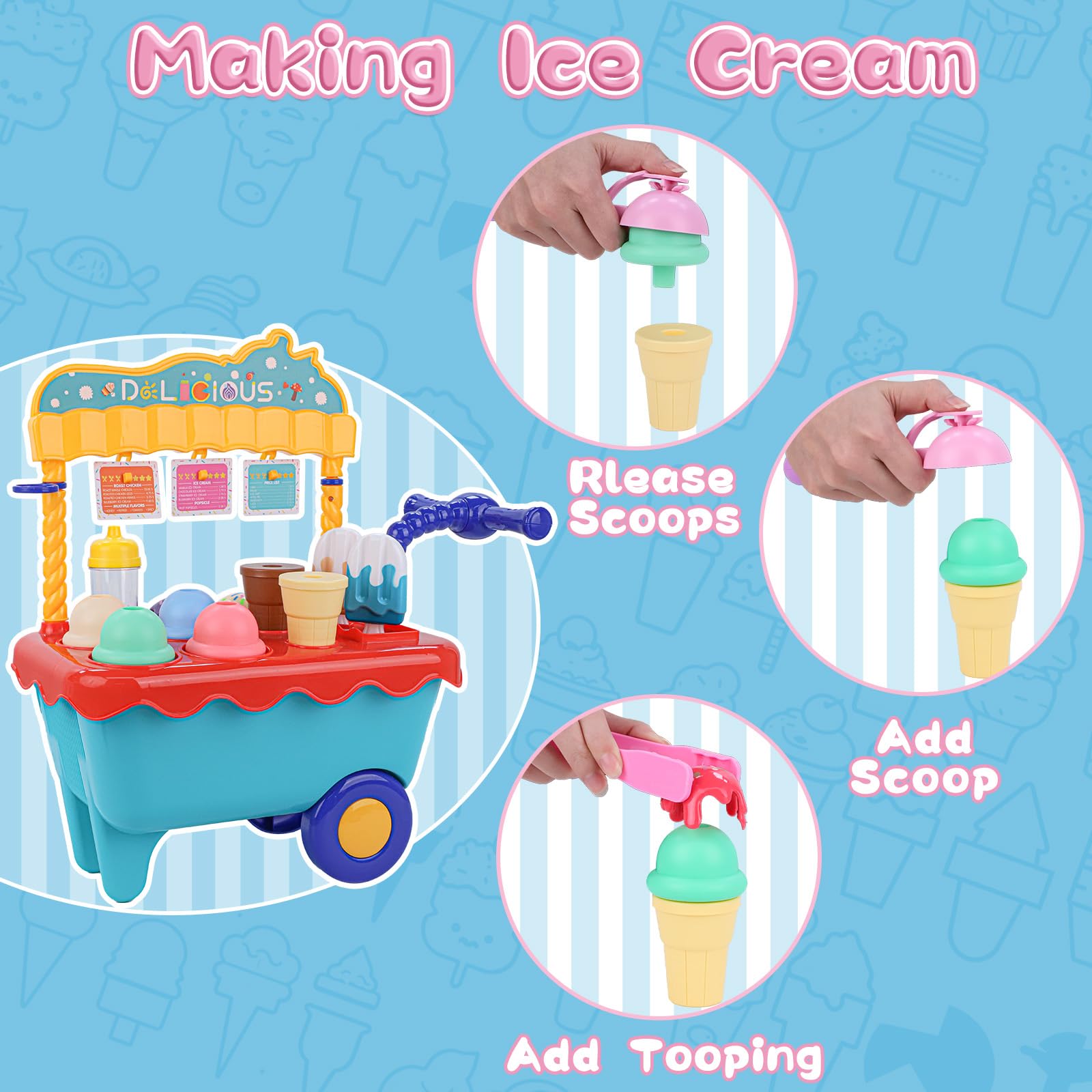 45 Pcs Ice Cream Cart Play Set for Kids - Pretend Play Store with Storage Trolley, Food Toys & Ice Cream Shop Toy - Perfect Gift for Boys & Girls Ages 3-6 - Fun Birthday Party, Daycare & Indoor Play Activity