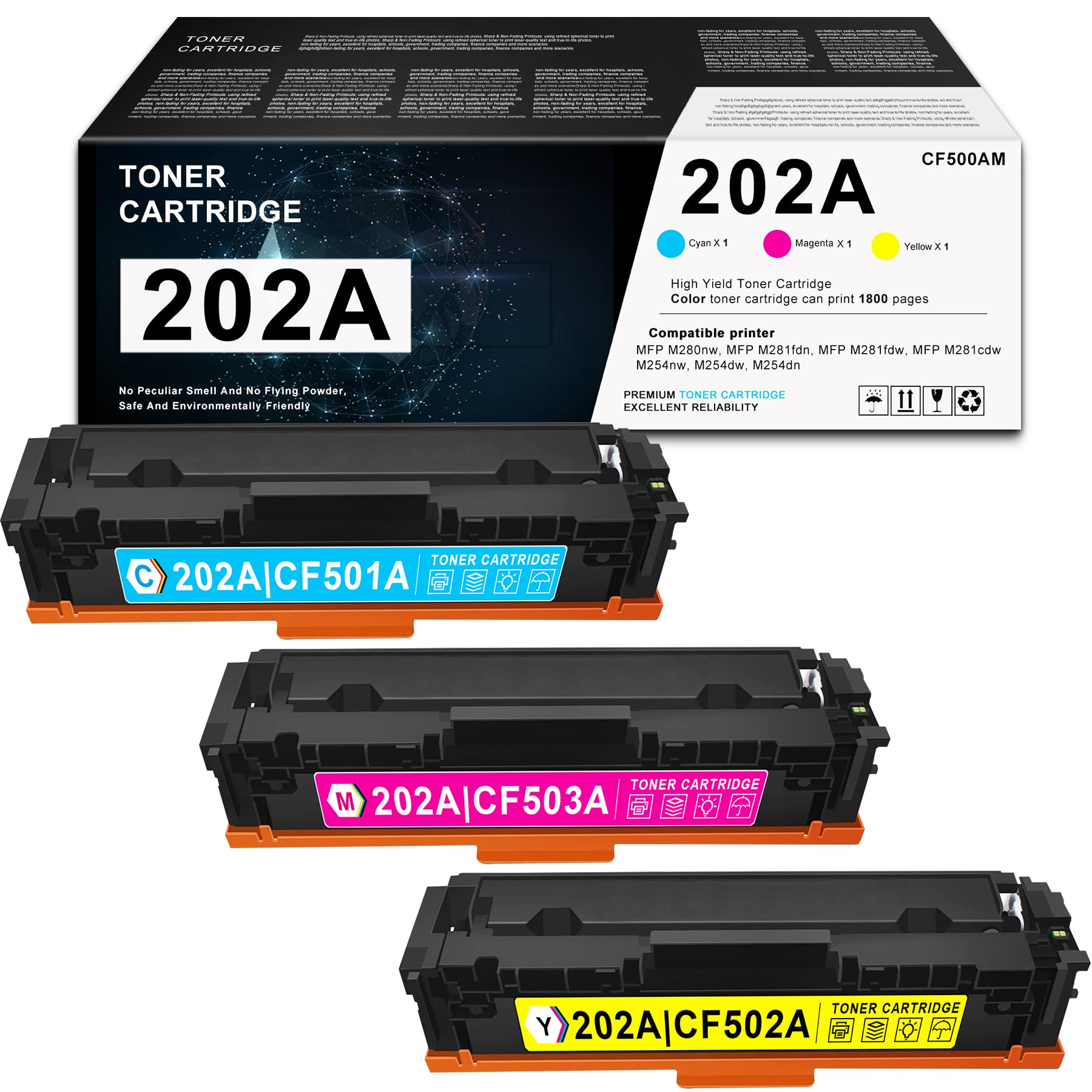 HP CF501A CF503A CF502A Compatible Toner Cartridge Replacement (3-Pack 1C+1M+1Y) for HP MFP M281fdw M281cdw M280nw M281fdn M254nw M254dw M254dn Printers - High Yield Printing for Office & Home Use