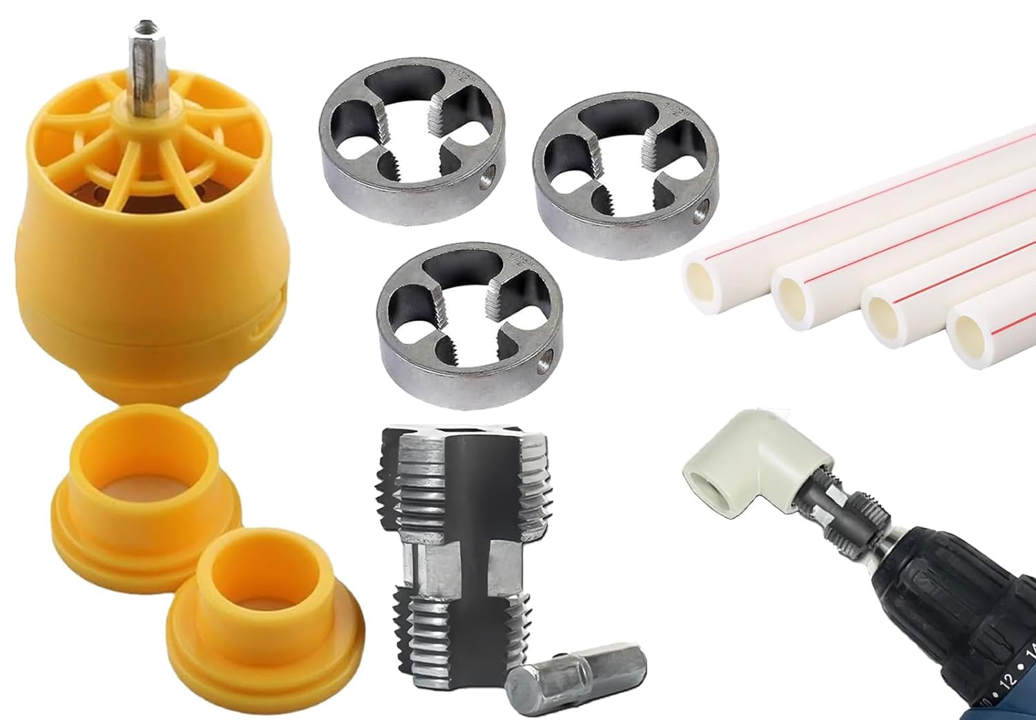 **Electric Drill PVC Pipe Threader Kit - 3 Die Sizes for PVC Pipe Threading | PVC Thread Maker Tool for Plumbing & DIY Projects | Compatible with Most Electric Drills**