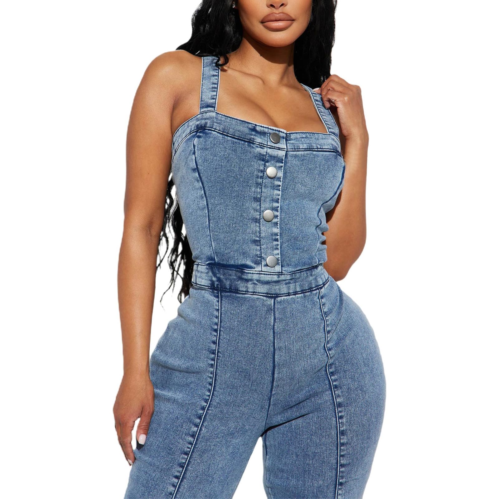 BTDECLAR Women's Denim Jumpsuit - Summer Casual Spaghetti Strap Romper with Zipper Back & Wide Leg Bell Bottoms | Skinny Jeans Overalls for Beach, Party & Everyday Wear