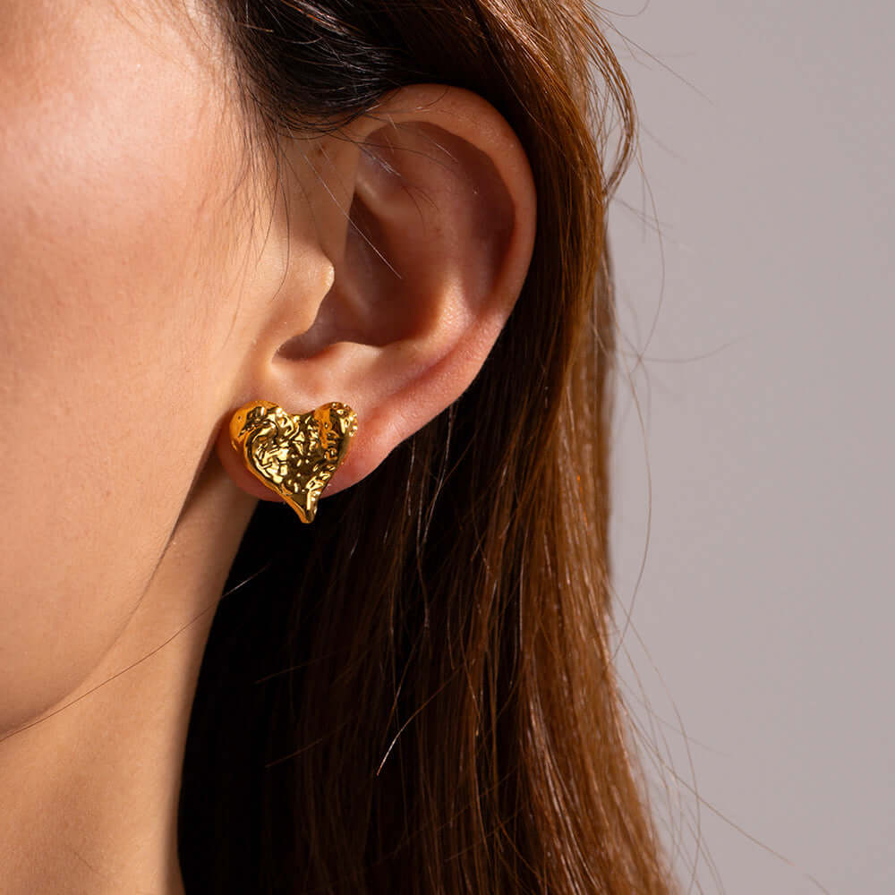 Minimalist Engraved Texture 18K Gold Plated Heart Stud Earrings for Women | JDE033 | Perfect for Valentine's Day, Anniversary Gifts & Everyday Elegance