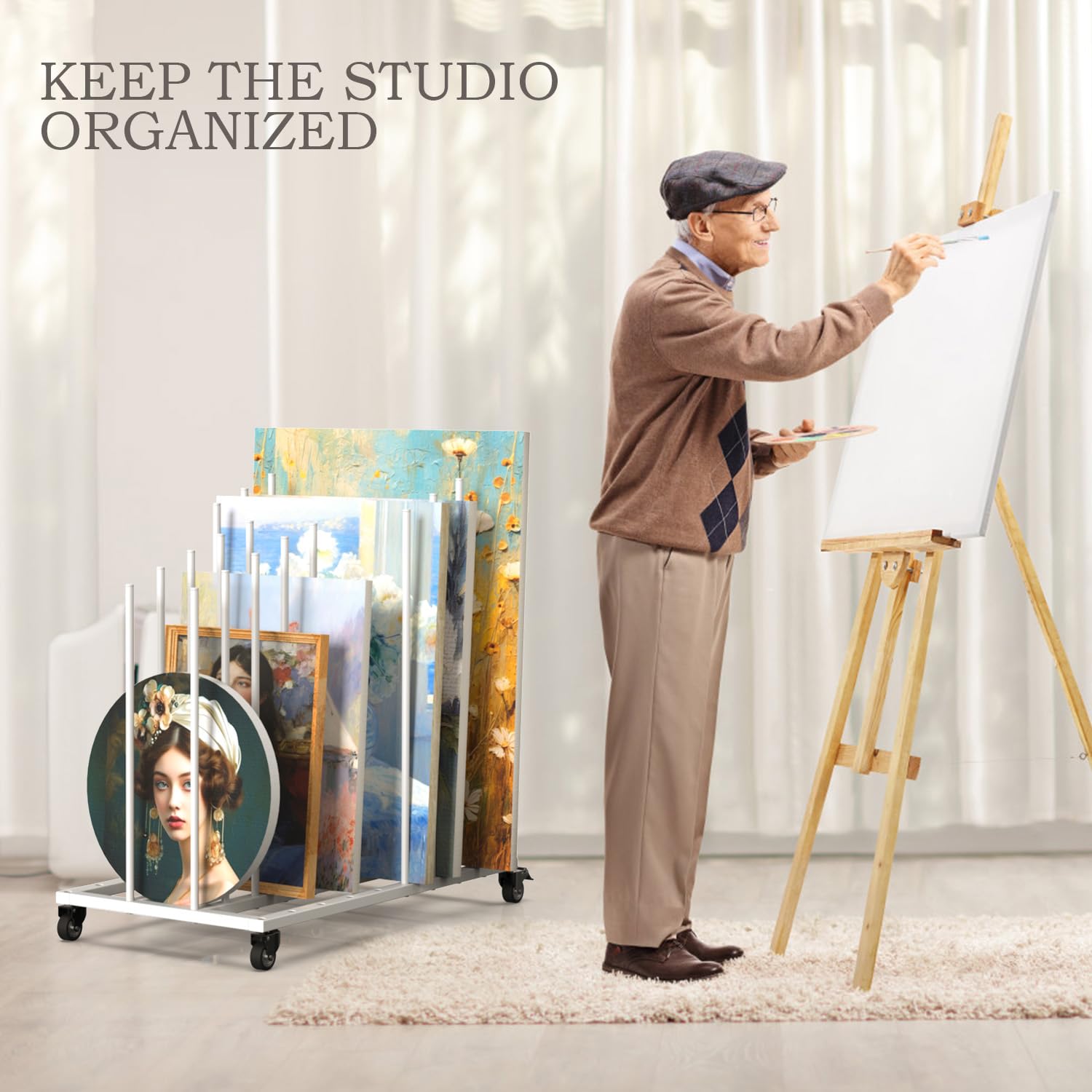 Adjustable Rolling Art Drying Rack with Wheels - Portable Canvas Storage & Display Stand for Paintings | Perfect for Artists, Studios & Classroom Organization