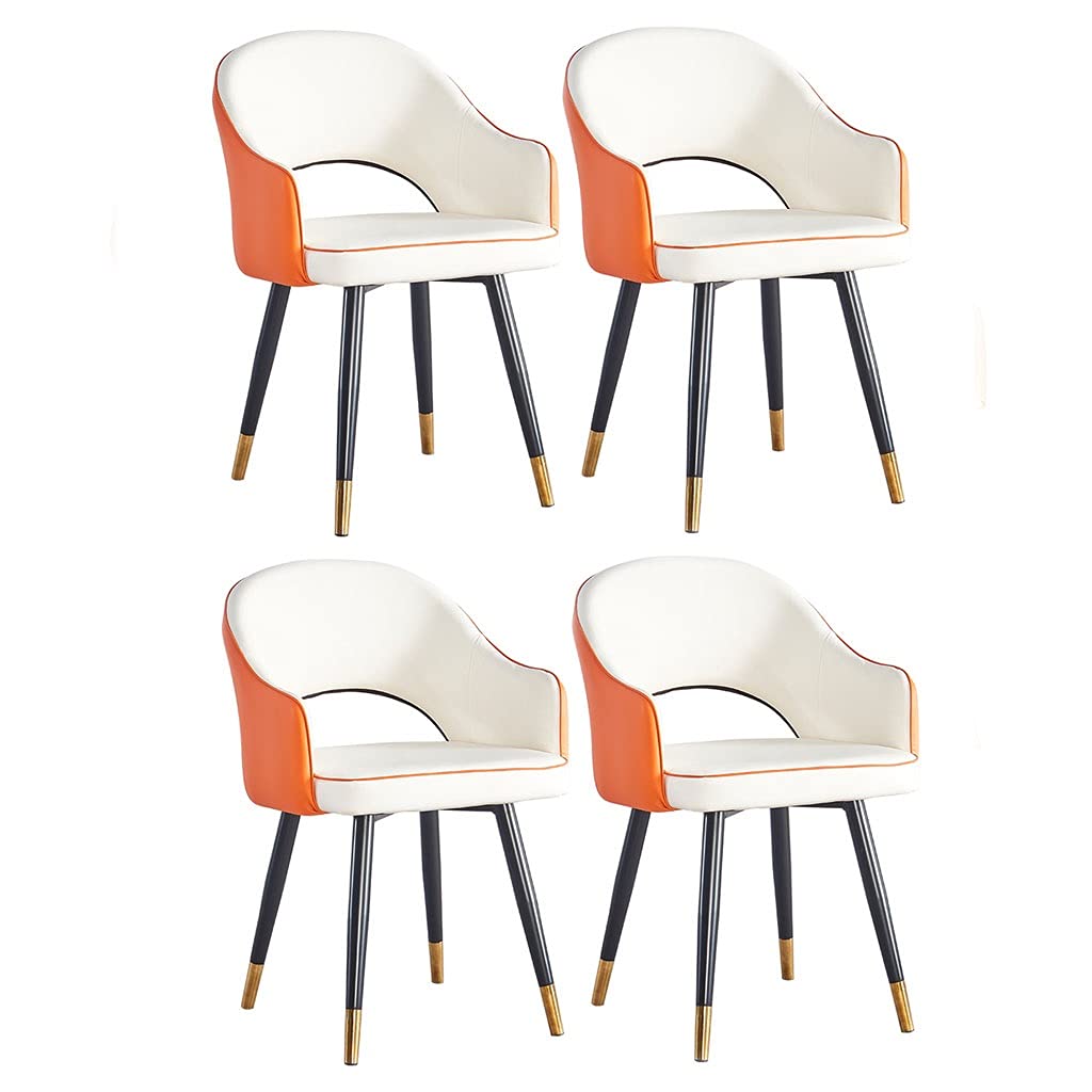 Modern Nordic Dining Chairs Set of 4 - Waterproof PU Leather Upholstered Accent Armchairs with Sturdy Metal Legs for Kitchen, Living Room & Dining Room - Orange & White Color (Perfect for Small Spaces, Apartments & Contemporary Home Decor)