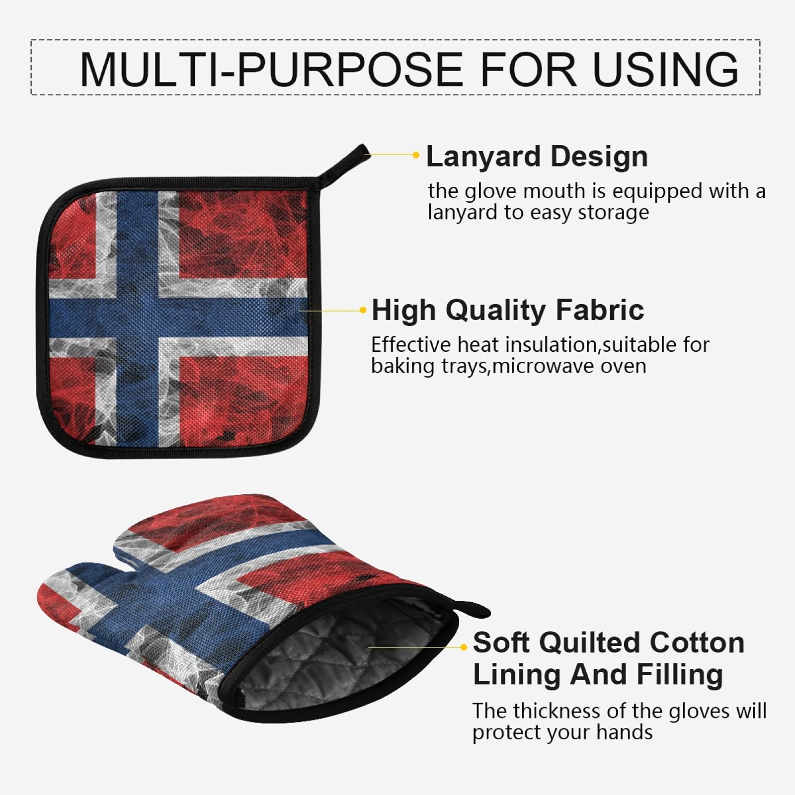 Heat Resistant Norway Flag Oven Mitts & Pot Holders Set - Kitchen Gloves for Cooking, Baking, Grilling & Microwave Use - Perfect for Holiday Baking, BBQ Parties & Home Kitchen Safety