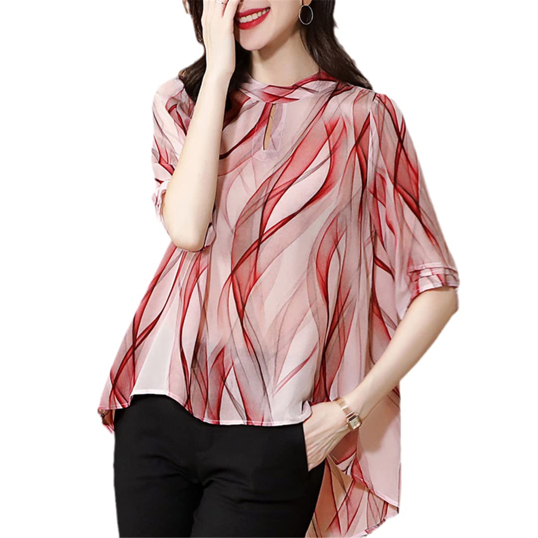 100% Natural Silk Women's Blouse - Stand Collar Half Sleeve Asymmetrical Print Shirt for Summer | Loose Fit Fashion Top | Perfect for Office Wear, Casual Outings & Special Occasions