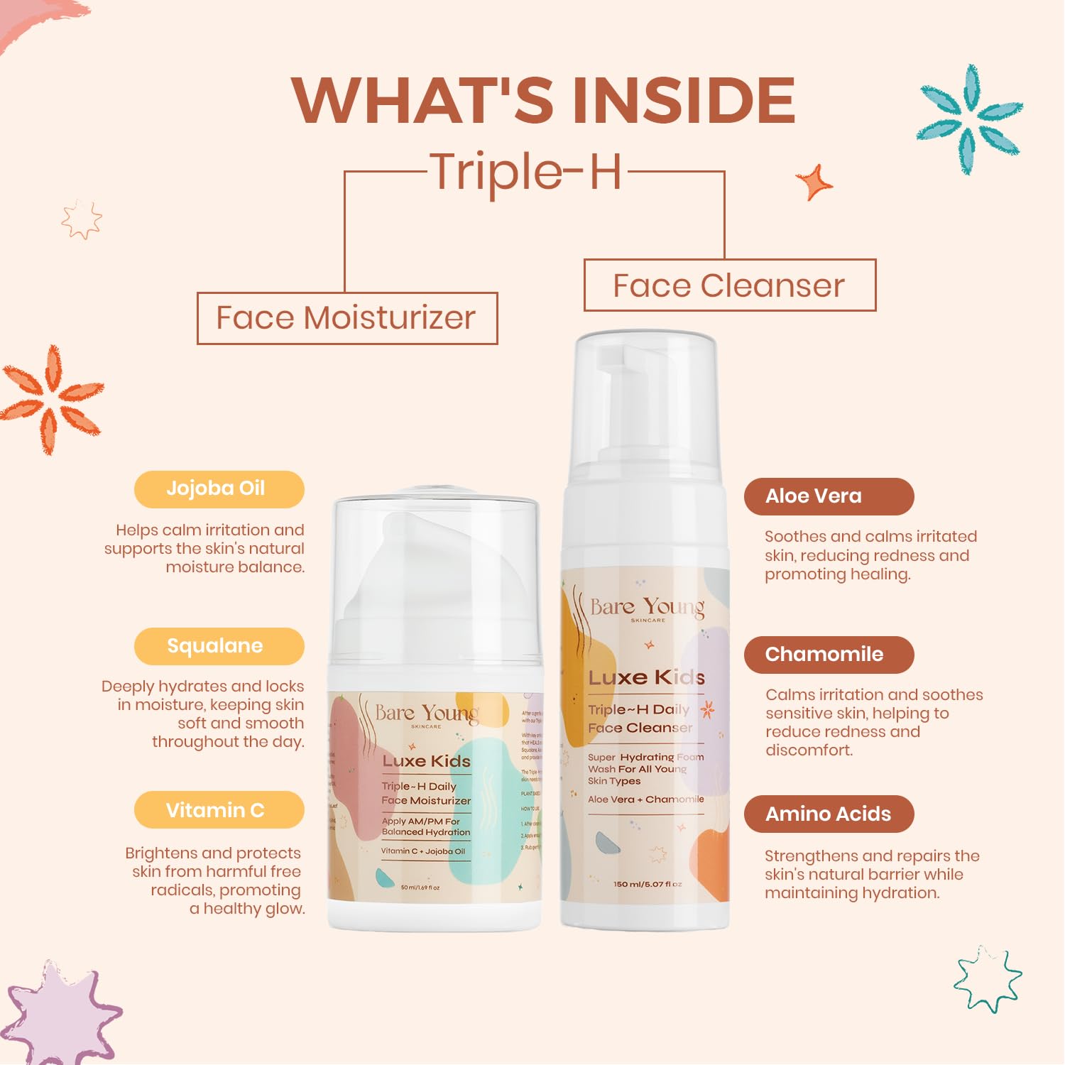 Bare Young Kids Skincare Set - Gentle Face Wash & Moisturizer for Daily Care
