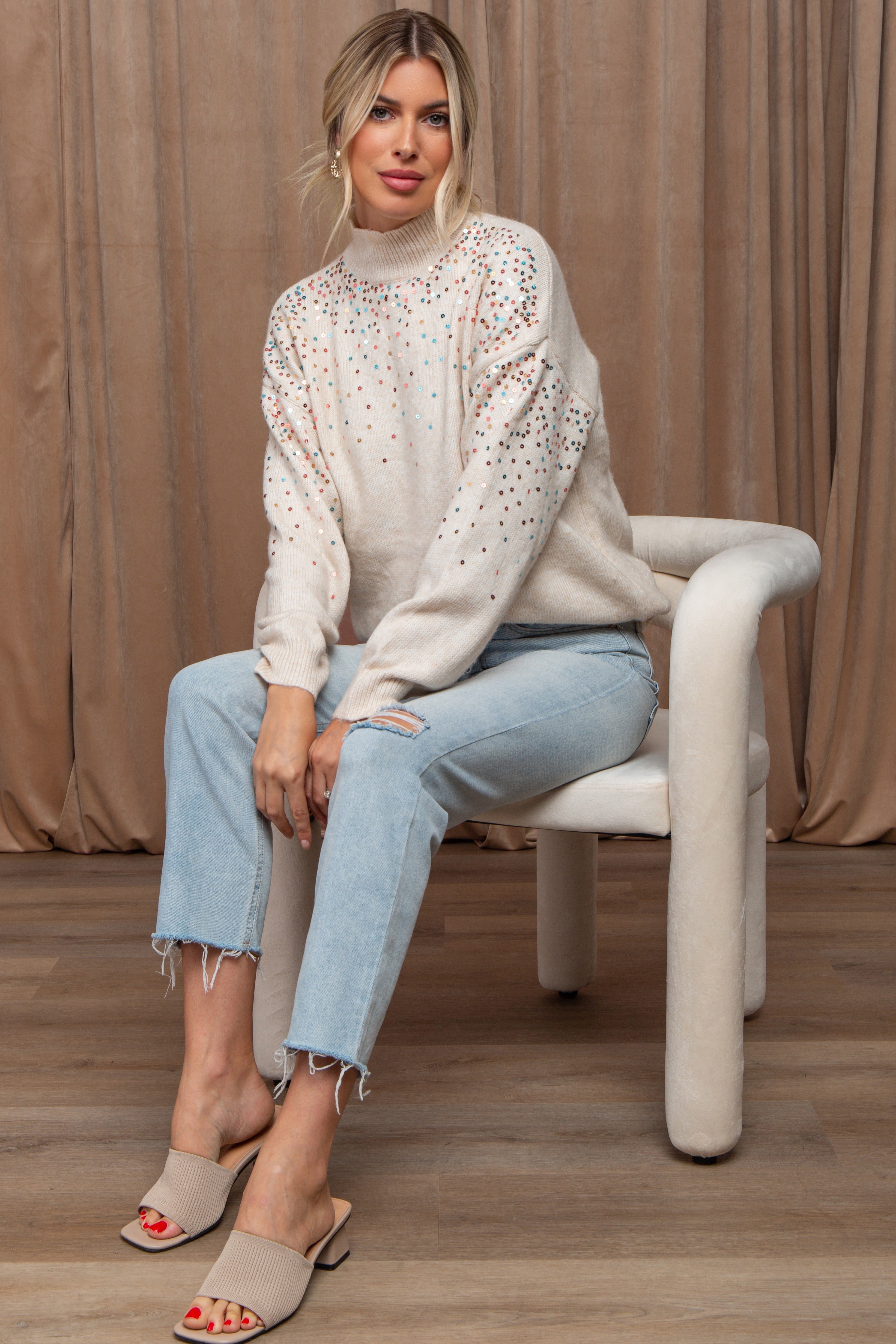Beige Knit Sequin Mock Neck Sweater for Women - Elegant Winter Pullover with Sparkle Details | Perfect for Holiday Parties, Office Wear & Casual Outings