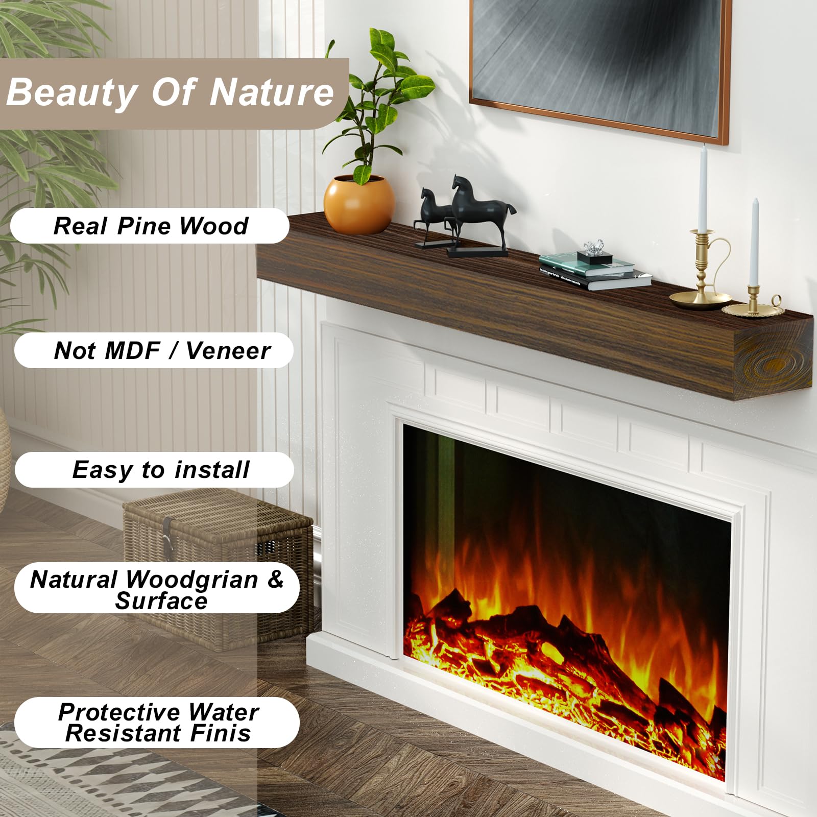 LOVMOR 60-Inch Floating Fireplace Mantel Shelf - Dark Chocolate Natural Wood Wall Mounted for Fireplace Decor | 60