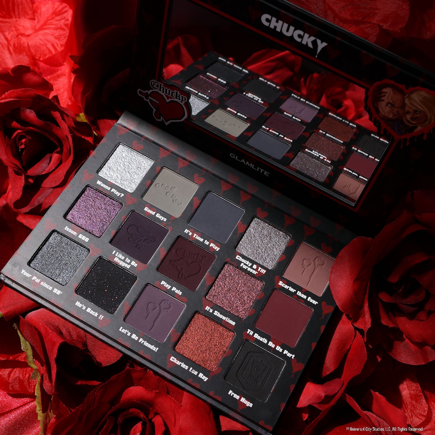 Chucky x Glamlite Crazy In Love Eyeshadow Palette - 18 Vibrant Colors for Halloween & Horror Makeup Looks | Perfect for Cosplay, Themed Parties & Special Effects