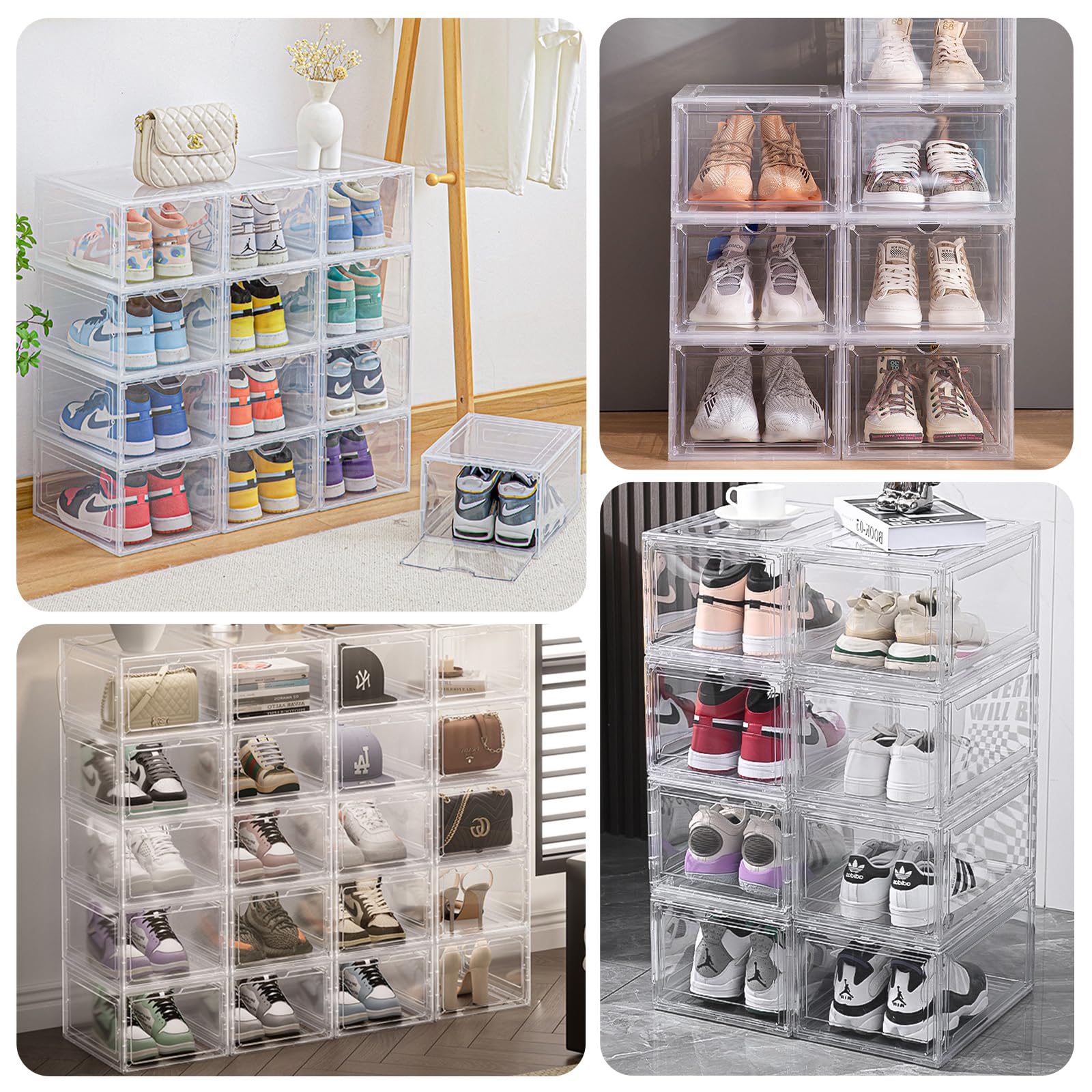6 Pack Clear Plastic Shoe Organizer Boxes - 19.5 Qt Stackable Drop Front Shoe Storage with Magnetic Lids | Perfect for Closet, Office & Home Organization | Durable Hard Box Containers for Shoes, Accessories & Small Items