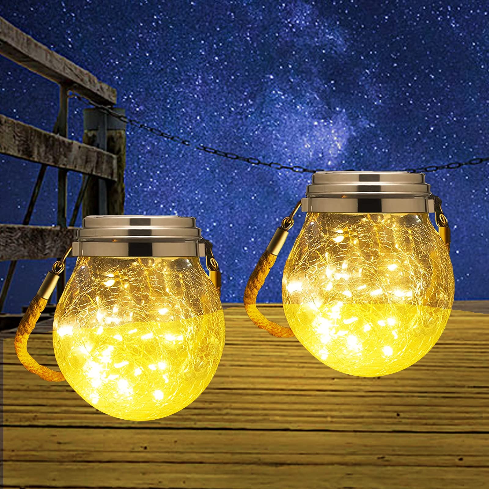 2 Pack 30 LED Solar Cracked Globe Lights - IP65 Waterproof Hanging Outdoor Lanterns for Garden, Fence, Patio - Warm White Decorative Lighting for Wedding, Halloween & Christmas Parties