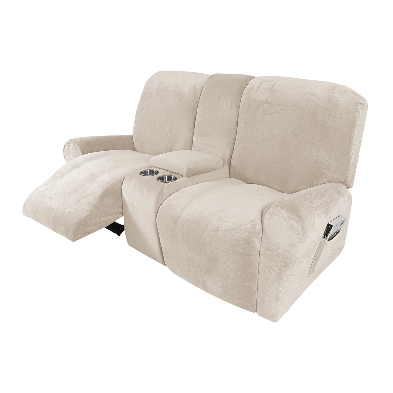 Velvet Stretch Recliner Sofa Slipcover with Cup Holders - 8-Piece Set for 2-Seat Love Seat Recliner with Middle Console | Thick, Soft & Machine Washable | Perfect for Living Room, Home Theater & Family Room (Beige)