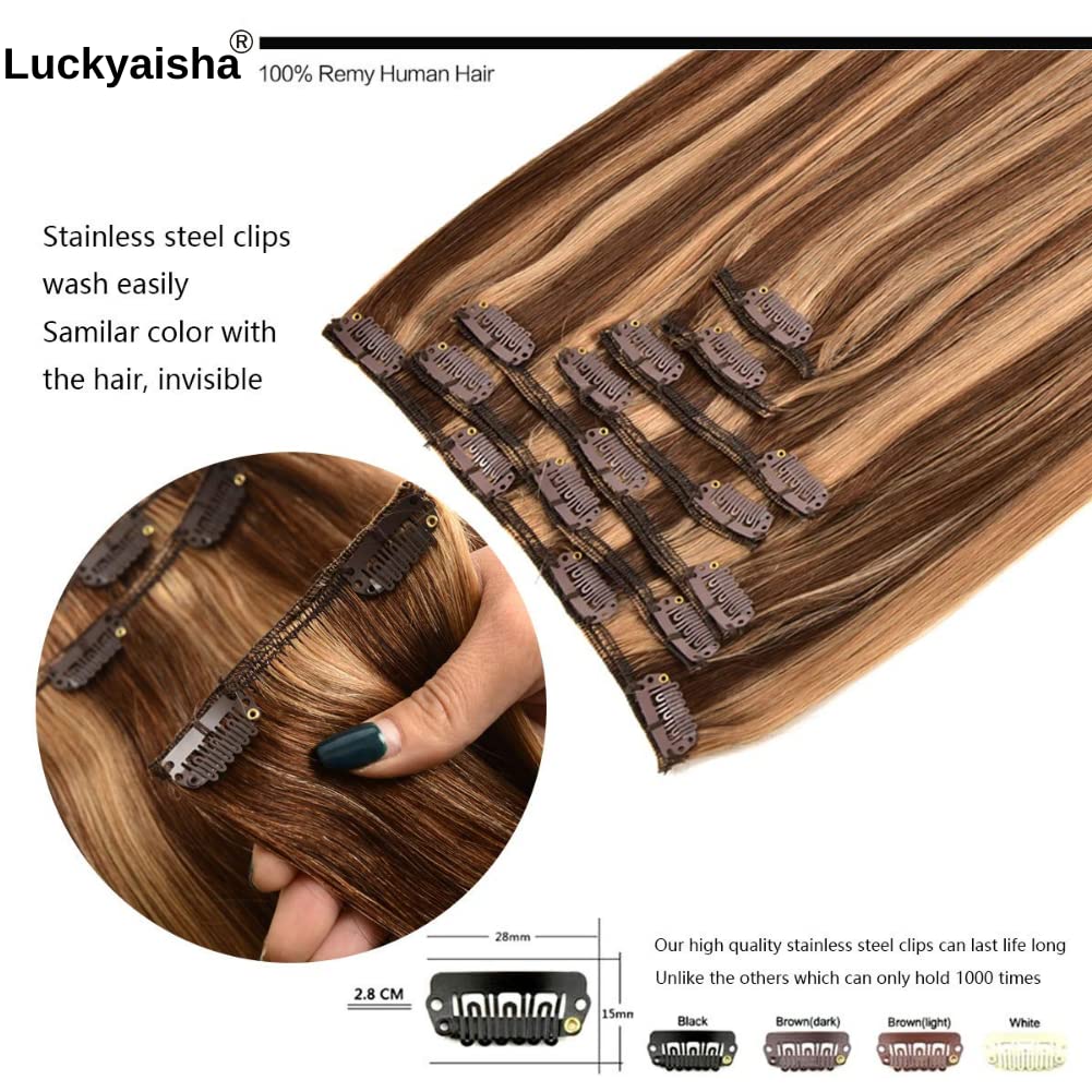 Clip in Hair Extensions 18 Inch Real Human Hair 120g 7pcs - #4/27 Chocolate Brown to Light Blonde - Thickened Straight Clip-in Extensions for Volume & Length (Perfect for Parties, Weddings & Daily Styling)