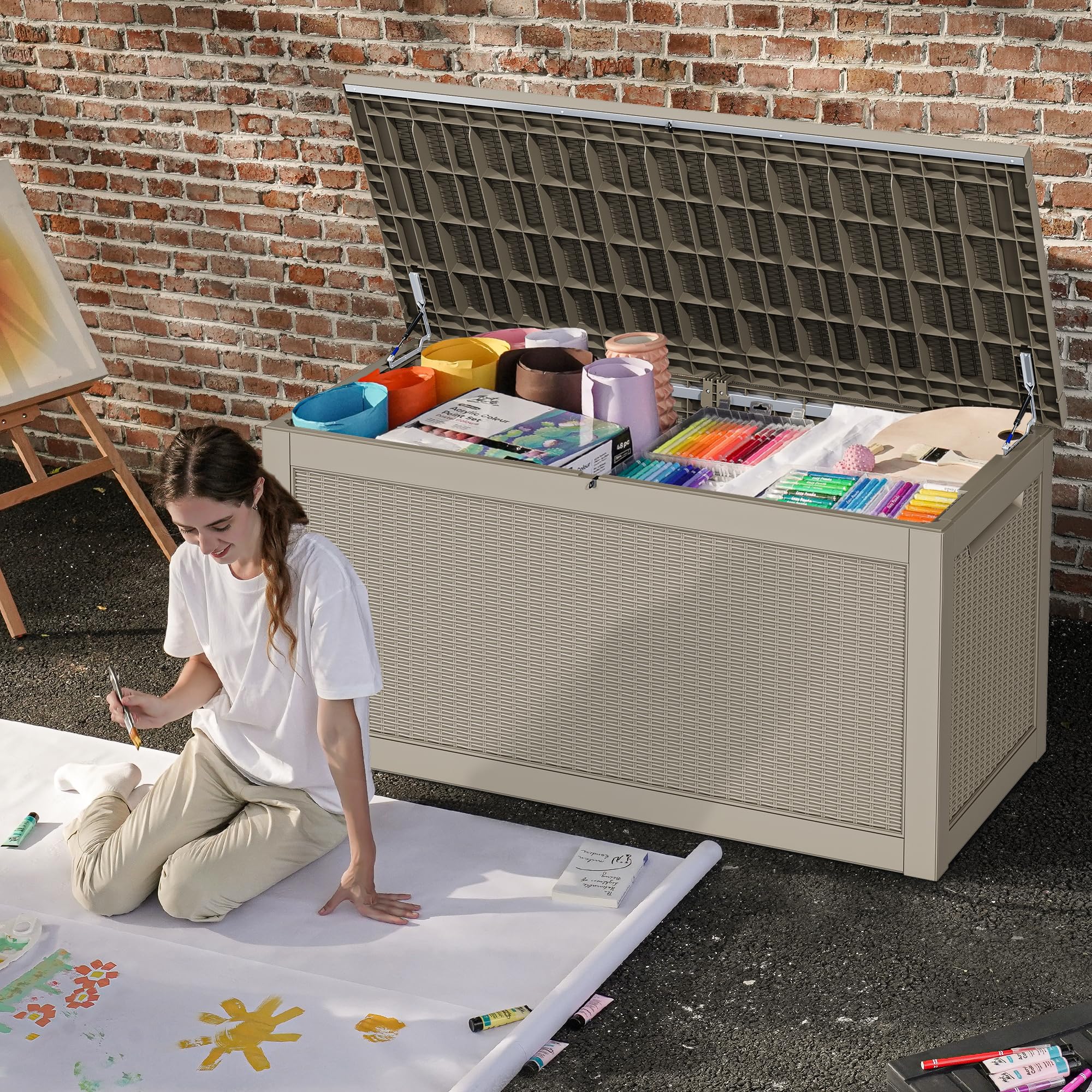 DWVO 260 Gallon Resin Outdoor Storage Box - XXL Waterproof Deck Box with 1000 lbs Capacity, Lockable Lid, Doubles as Patio Table or Seating (Brown) - Perfect for Backyard, Garden, Poolside & Deck Storage Organization