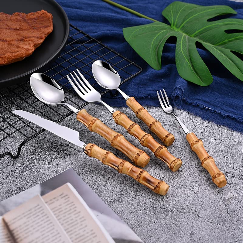 Premium 90-Piece Bamboo Handle Stainless Steel Cutlery Set - 18/8 Dishwasher Safe Flatware for 18 Place Settings - Eco-Friendly Kitchen Utensils for Everyday Dining, Dinner Parties & Restaurant Use