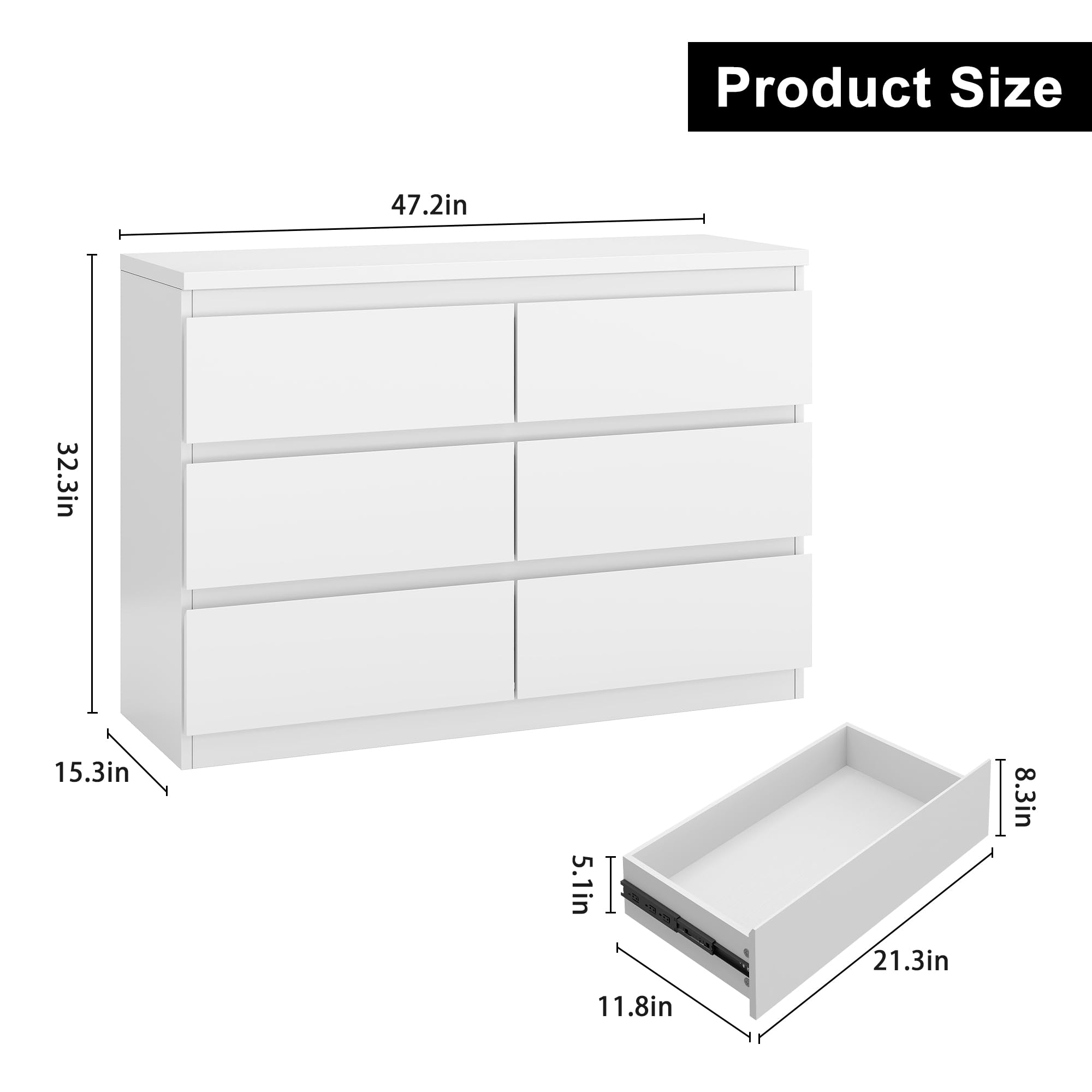 6-Drawer White Dresser for Bedroom - Modern Wooden Chest of Drawers for Clothes Storage | Perfect for Bedroom, Nursery, or Dorm Organization