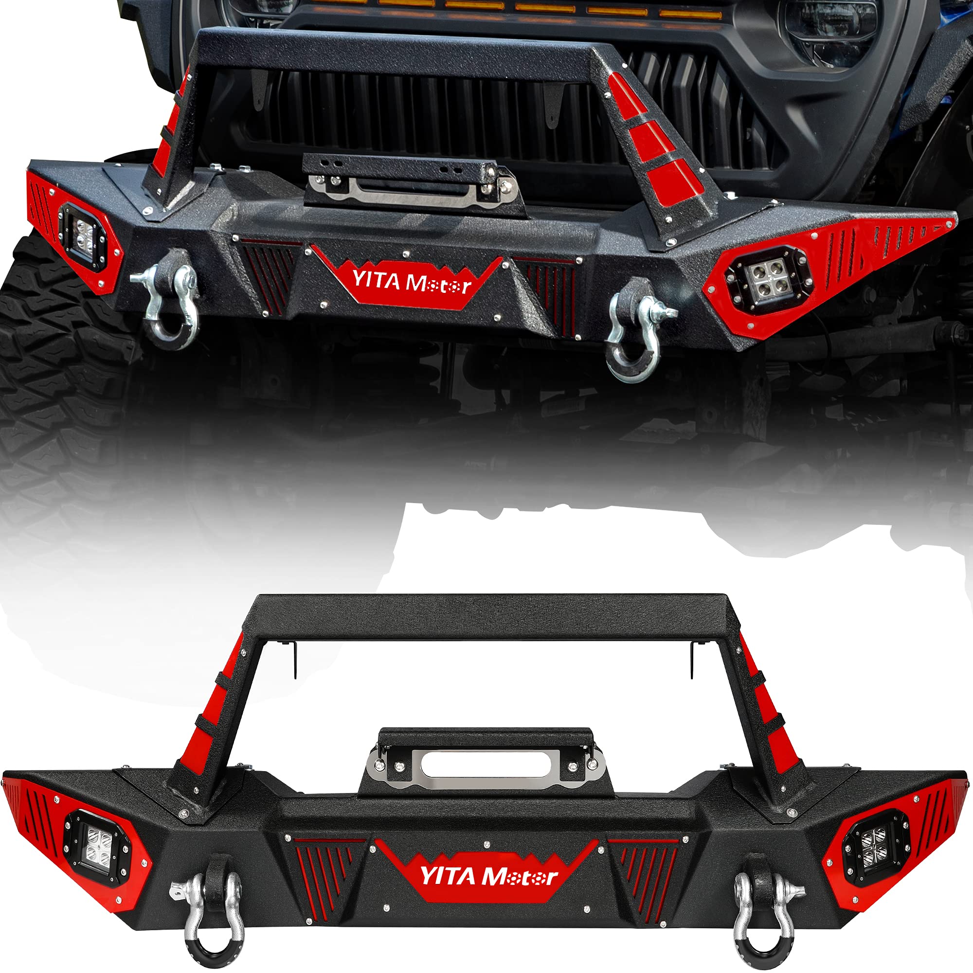 YITAMOTOR Heavy Duty Front Bumper for 2018-2022 Jeep Wrangler JL & Unlimited (2/4 Door) & 2020-2022 Gladiator JT - Winch Ready with LED Light Bar, 2 D-Ring Tow Hooks & Paintable Trim | Off-Road Adventure & Truck Protection