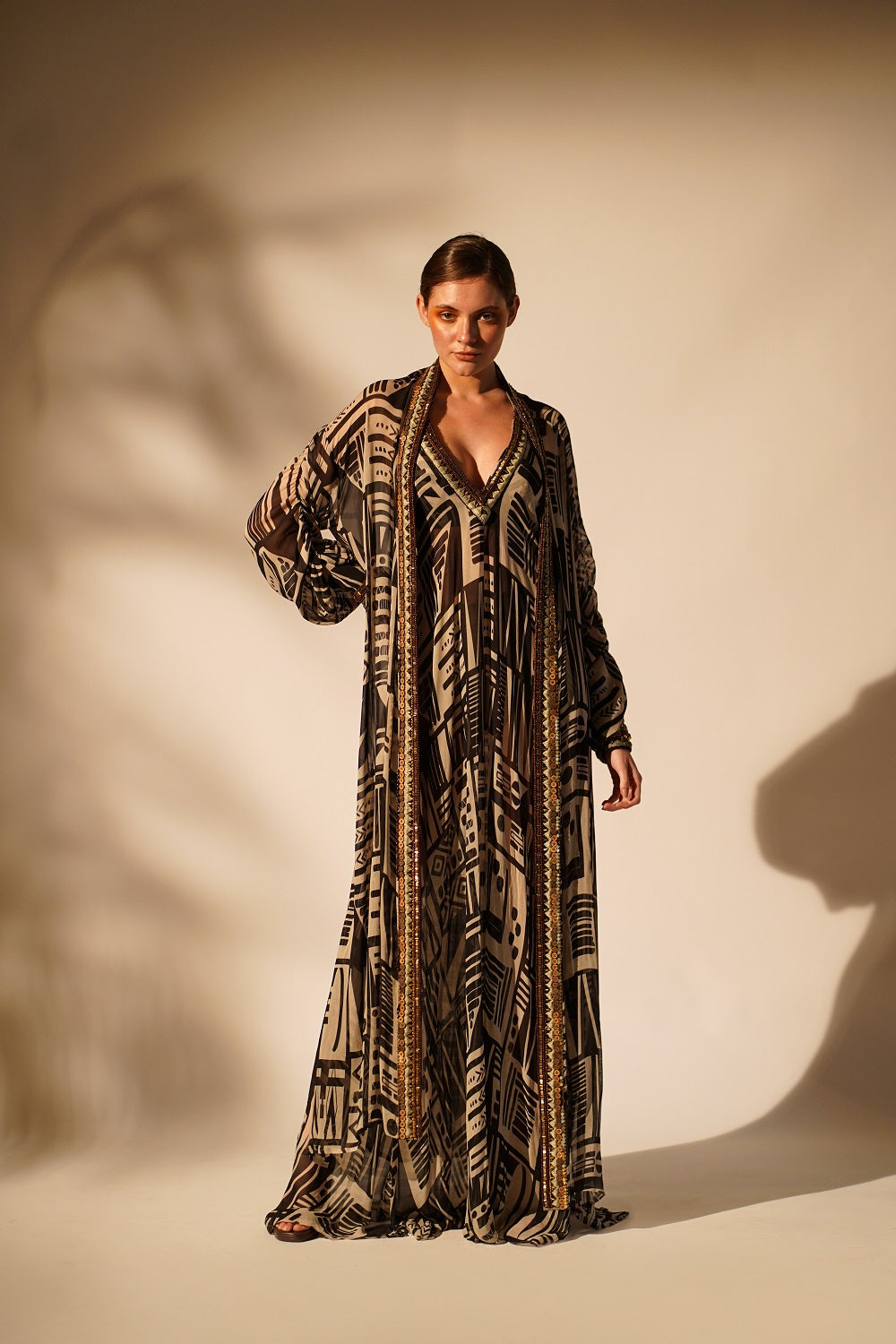 Elegant White Abstract Print Dress with Hand-Threaded Details & Wooden Embellishments - Perfect for Summer Weddings, Beach Vacations, and Boho-Chic Outfits