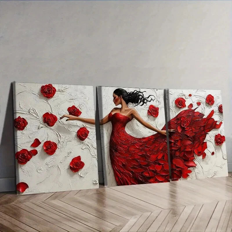 3pcs Red Dress Dancing Girl Wall Art Set - Framed Canvas 40x60cm | High Quality Print | 100% Australian Made | Ready to Hang | Perfect for Living Room, Bedroom & Office Decor