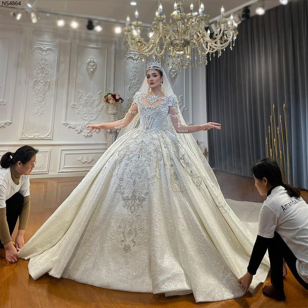 Empire Lace Appliquéd Crystal Wedding Dress with Luxurious Detailing - Elegant Bridal Gown for Church Ceremony, Beach Wedding & Formal Reception