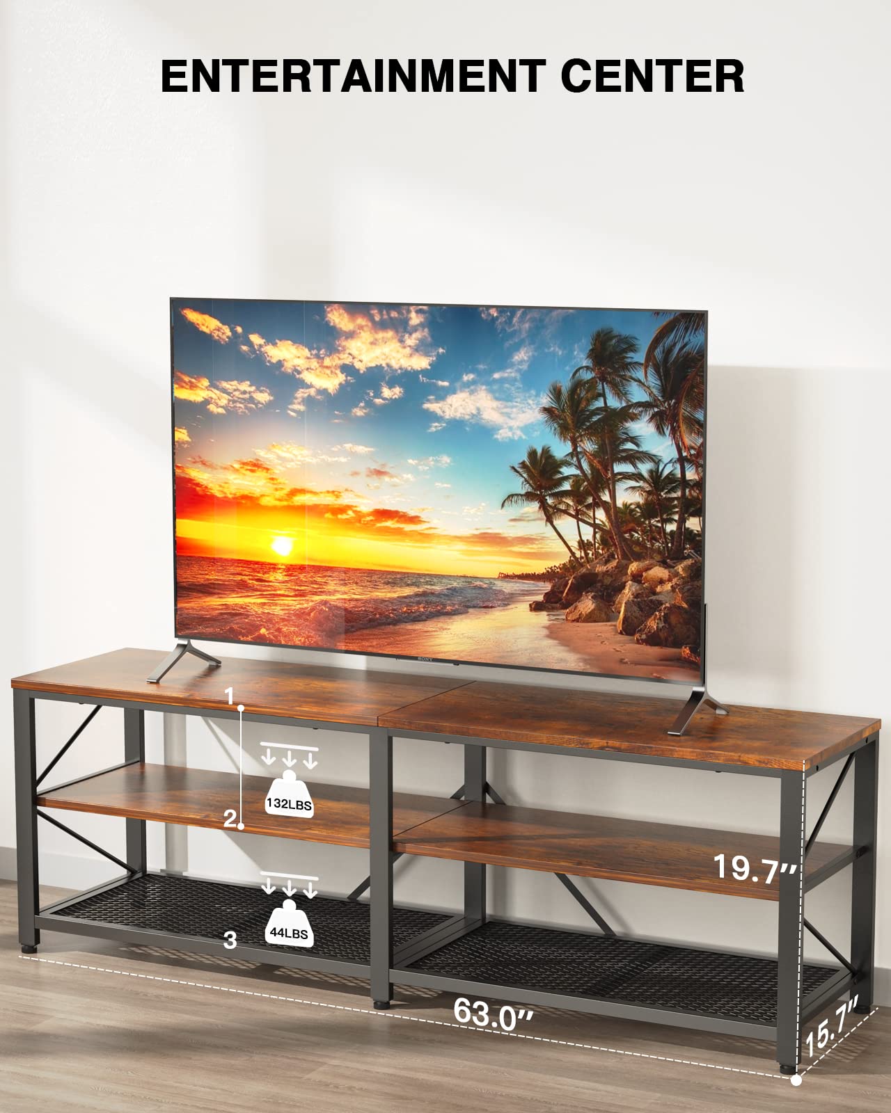 NOBLEWELL 63 Inch Rustic Brown TV Stand - 3-Tier Wood Entertainment Center with Storage, Media Console Table for Living Room - Perfect for Flat Screen TVs, Gaming Consoles & Home Theater Setup
