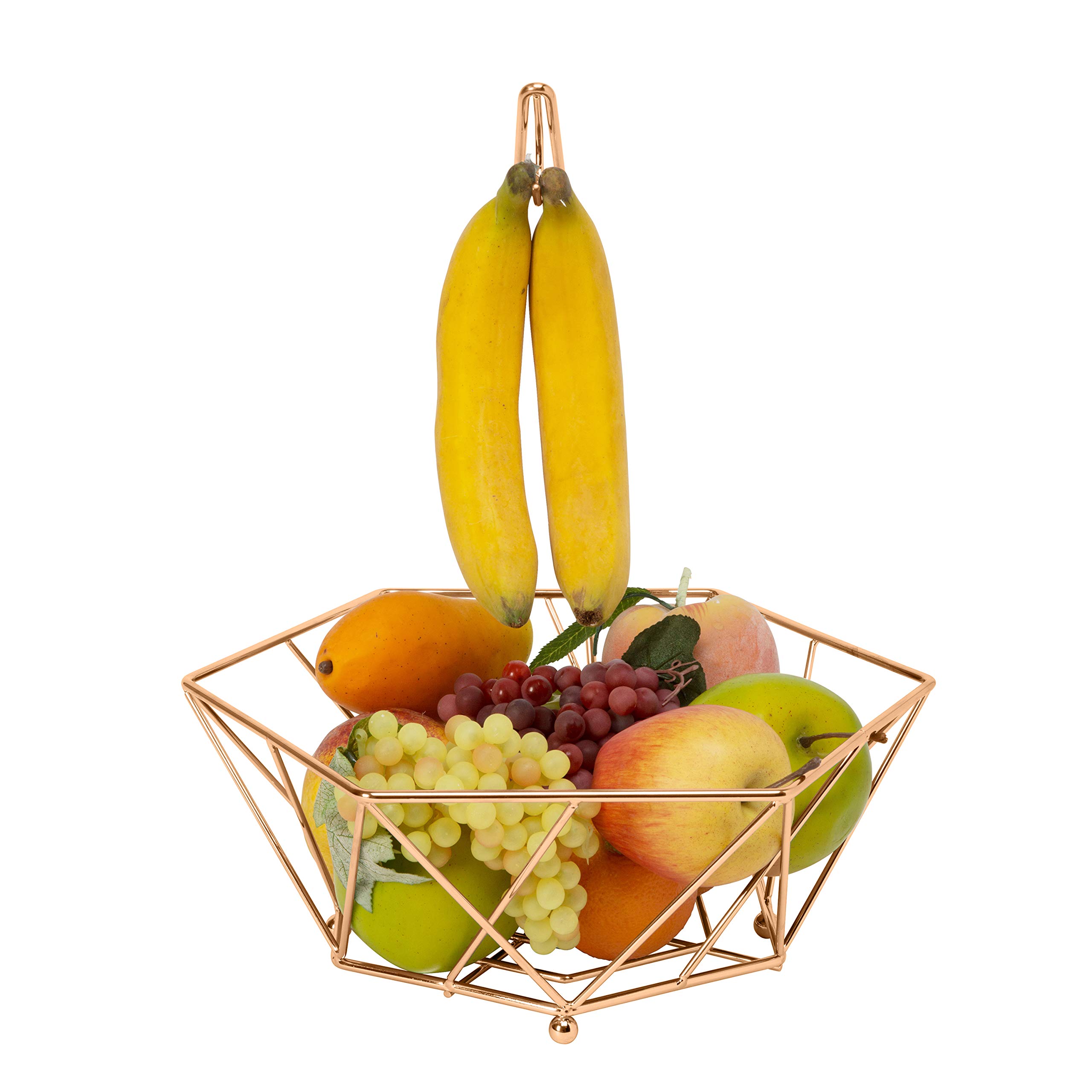 Geode Decorative Basket Bowl with Banana Tree Hanger - Rust-Resistant Copper Kitchen Organizer for Fruits, Vegetables & Home Decor | Perfect for Farmhouse, Boho & Modern Kitchens