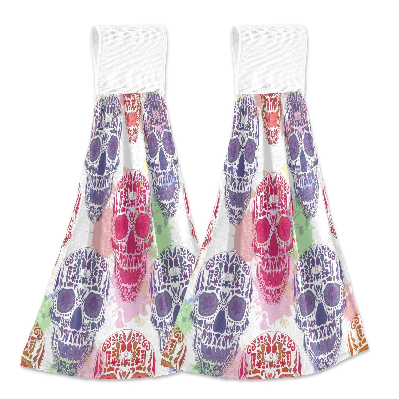 ALAZA 2 Pack Watercolor Skull Hanging Kitchen Towels - Soft Quick Drying Coral Velvet Hand Towels with Loops for Bathroom, Kitchen & Washcloth - Absorbent Decorative Towels for Cooking, Cleaning & Home Decor
