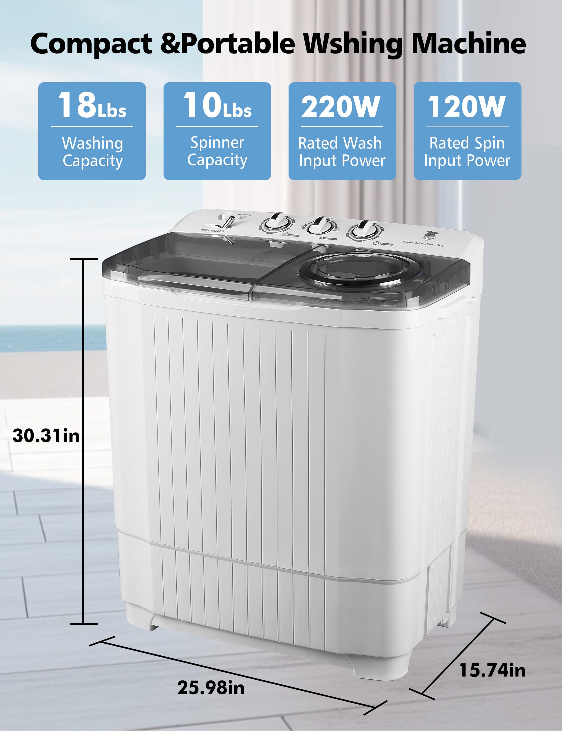 28Lbs Twin Tub Semi-Automatic Washing Machine with Drain Pump - Portable Laundry Washer & Spin Dryer for Home, Apartment, Dorm & RV Use - Perfect for Small Spaces, Camping & Off-Grid Living
