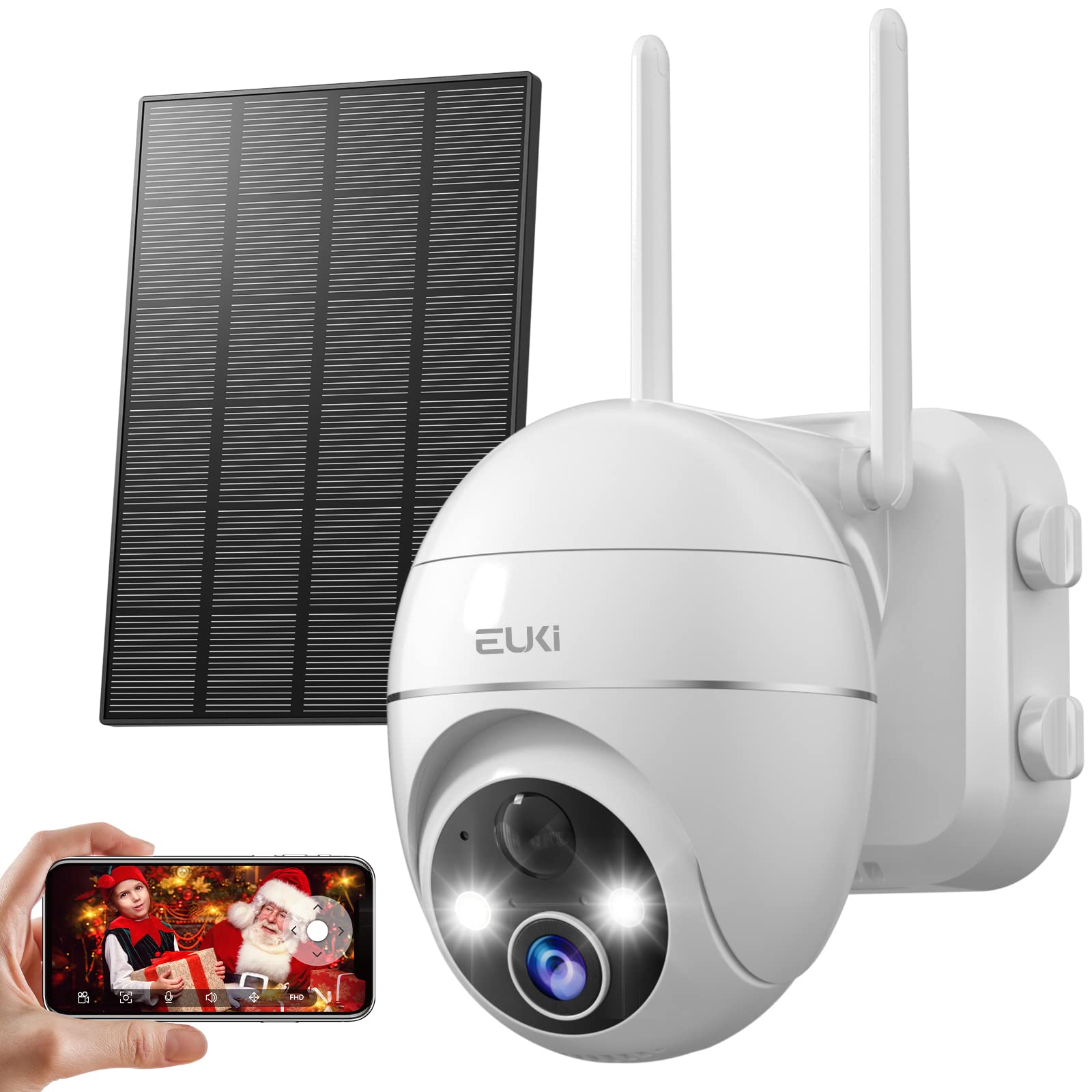 EUKI 2K Solar Security Camera Wireless Outdoor - 360° PTZ with Spotlight, Siren, Color Night Vision & PIR Motion Detection | 2.4Ghz WiFi, 2-Way Talk, IP66 Weatherproof | Ideal for Home, Yard, Garage & Business Surveillance