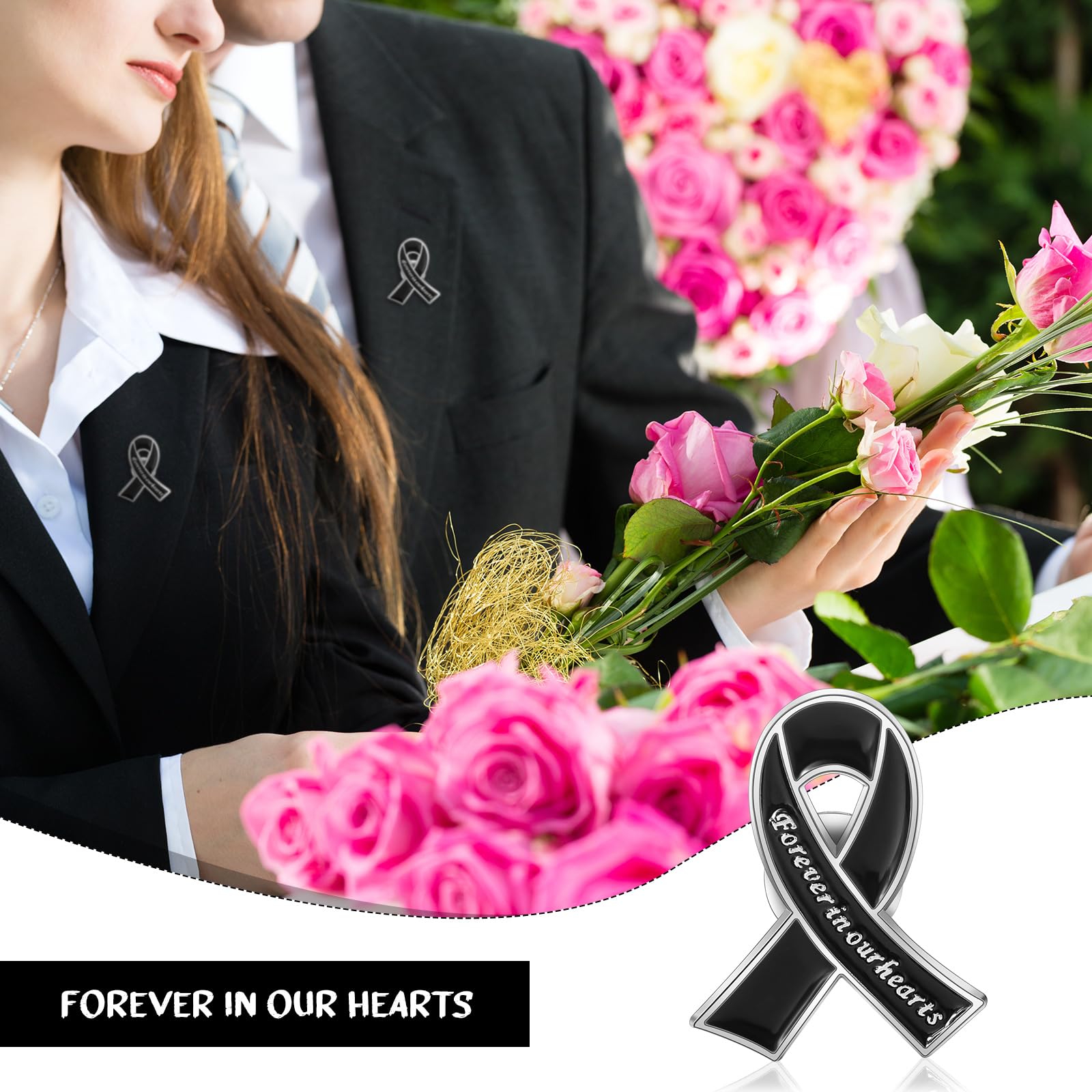Tigeen 50 Pack Black Metal Funeral Ribbon Pins - Memorial Lapel Pins for Funeral Service, Memorial Day & Remembrance Events - Forever in Our Hearts Keepsake - Perfect for Graveside Ceremonies, Wake Services & Sympathy Gifts