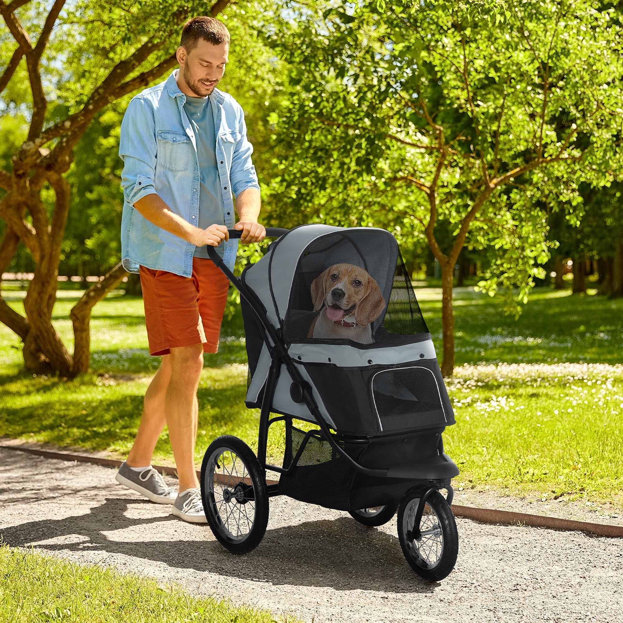 PawHut Foldable Pet Stroller for Small & Medium Dogs & Cats - 3 Large Wheels Jogger with Adjustable Canopy, Safety Tether, Cushion & Storage Basket - Gray | Perfect for Walking, Jogging & Outdoor Adventures with Your Pet