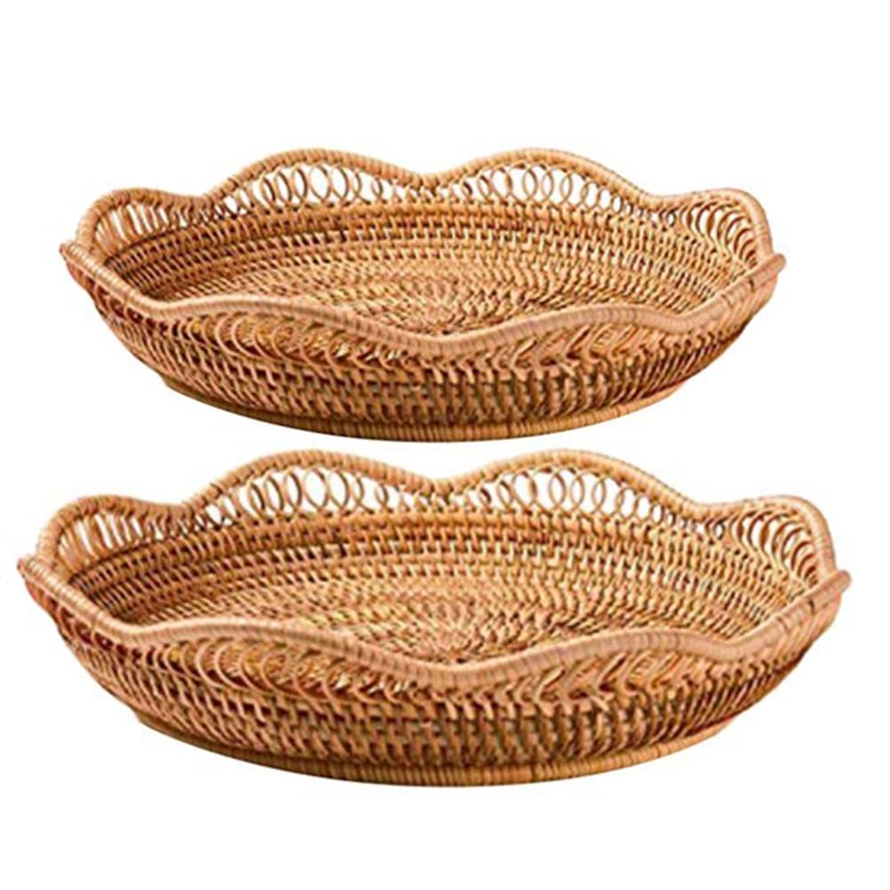 Handmade Woven Rattan Baskets & Serving Trays - Natural Wicker Bread, Fruit, and Food Display for Breakfast, Snacks, and Kitchen Organization | Perfect for Farmhouse, Boho Decor, and Picnic Serving